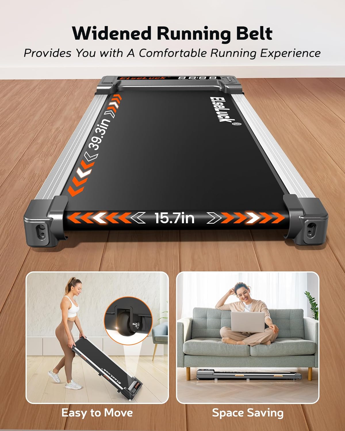 Highlights the treadmill's wide running belt to emphasize comfort and improved running experience. Provides specific measurements of the running belt to show its generous size.