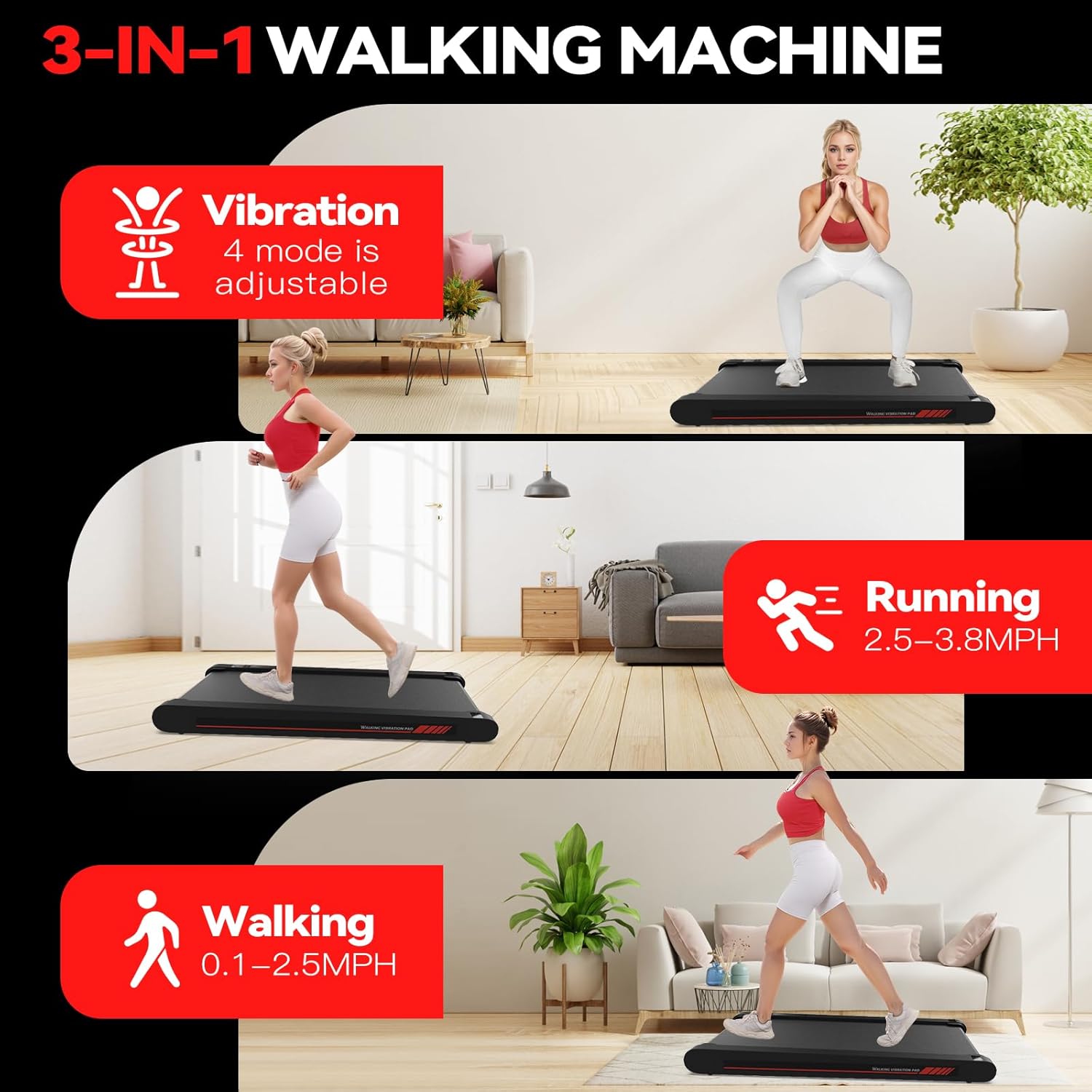 Showcases the product's versatility as a 3-in-1 walking machine with different exercise modes to appeal to various fitness needs.