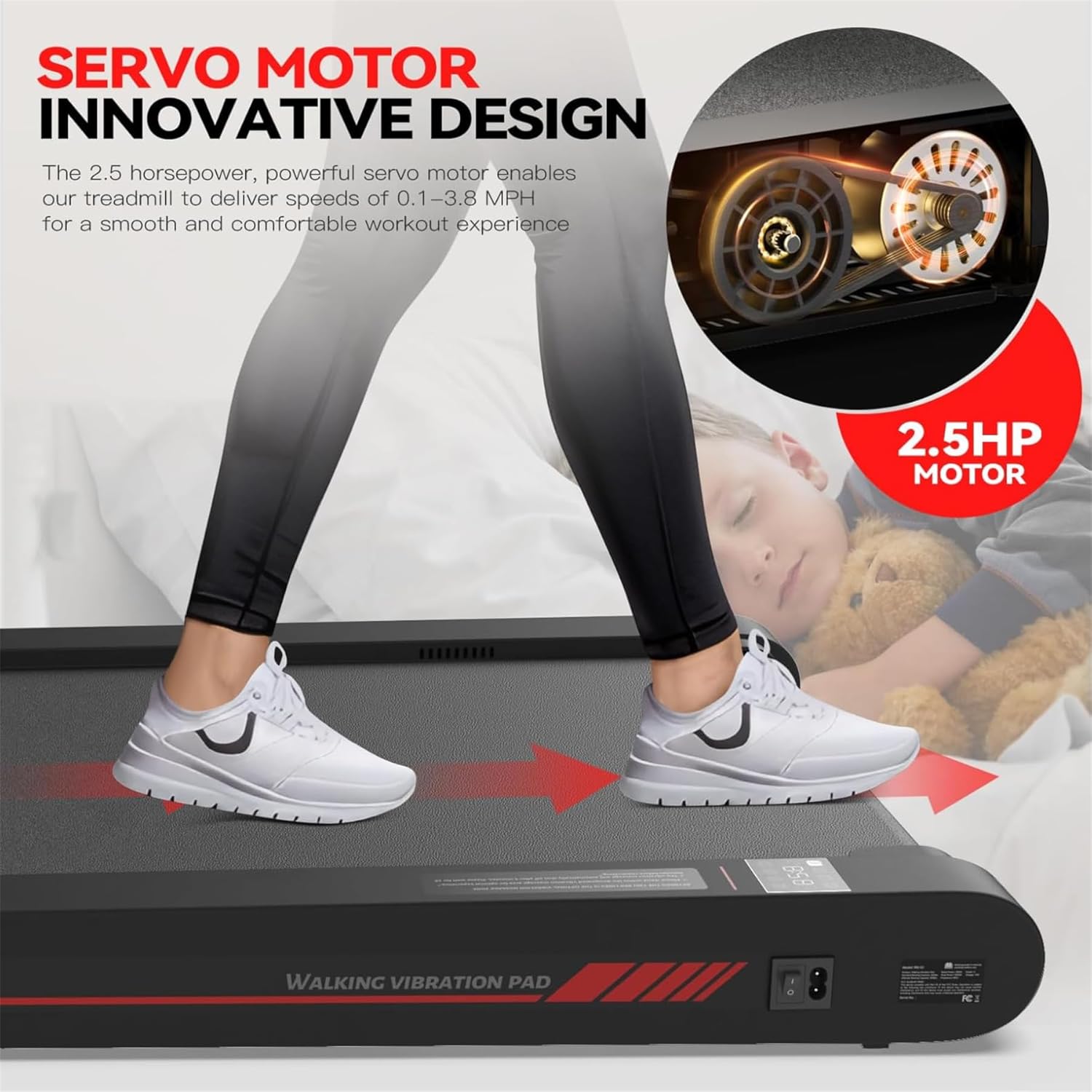 Highlights the innovative 2.5 horsepower servo motor design that enables smooth speed control for a comfortable workout experience.