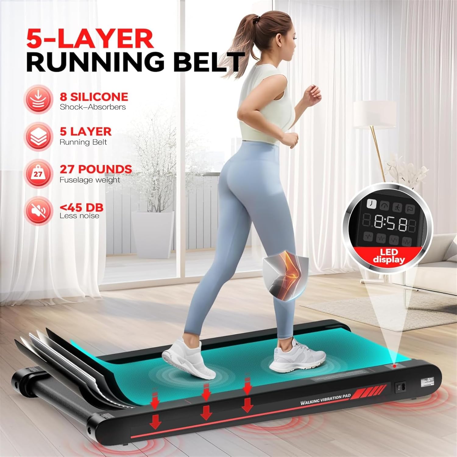 Highlights multiple features of the running belt to demonstrate its superior design and performance for home workouts.