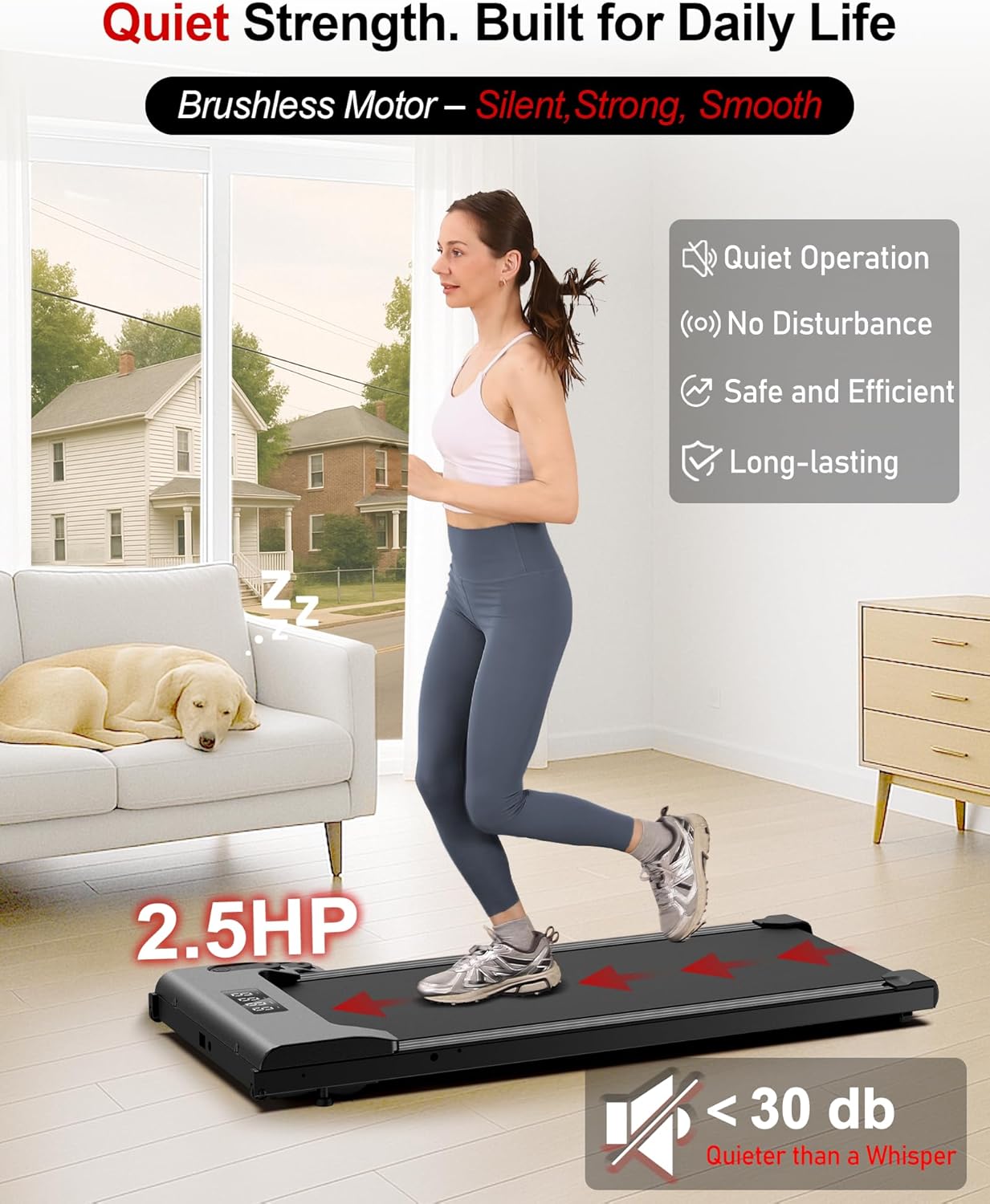 Highlights the treadmill's quiet yet powerful performance, making it suitable for everyday home use without disturbing others.