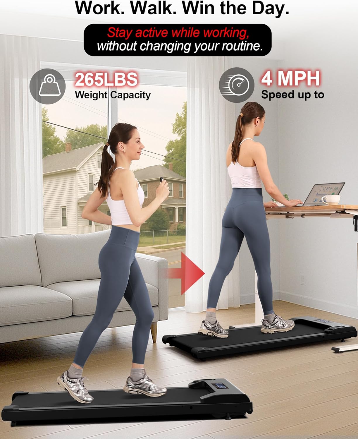 Highlights the treadmill's ability to support active working, showcasing its weight capacity and speed capabilities. Demonstrates how the treadmill can be used in a home office setting to stay…