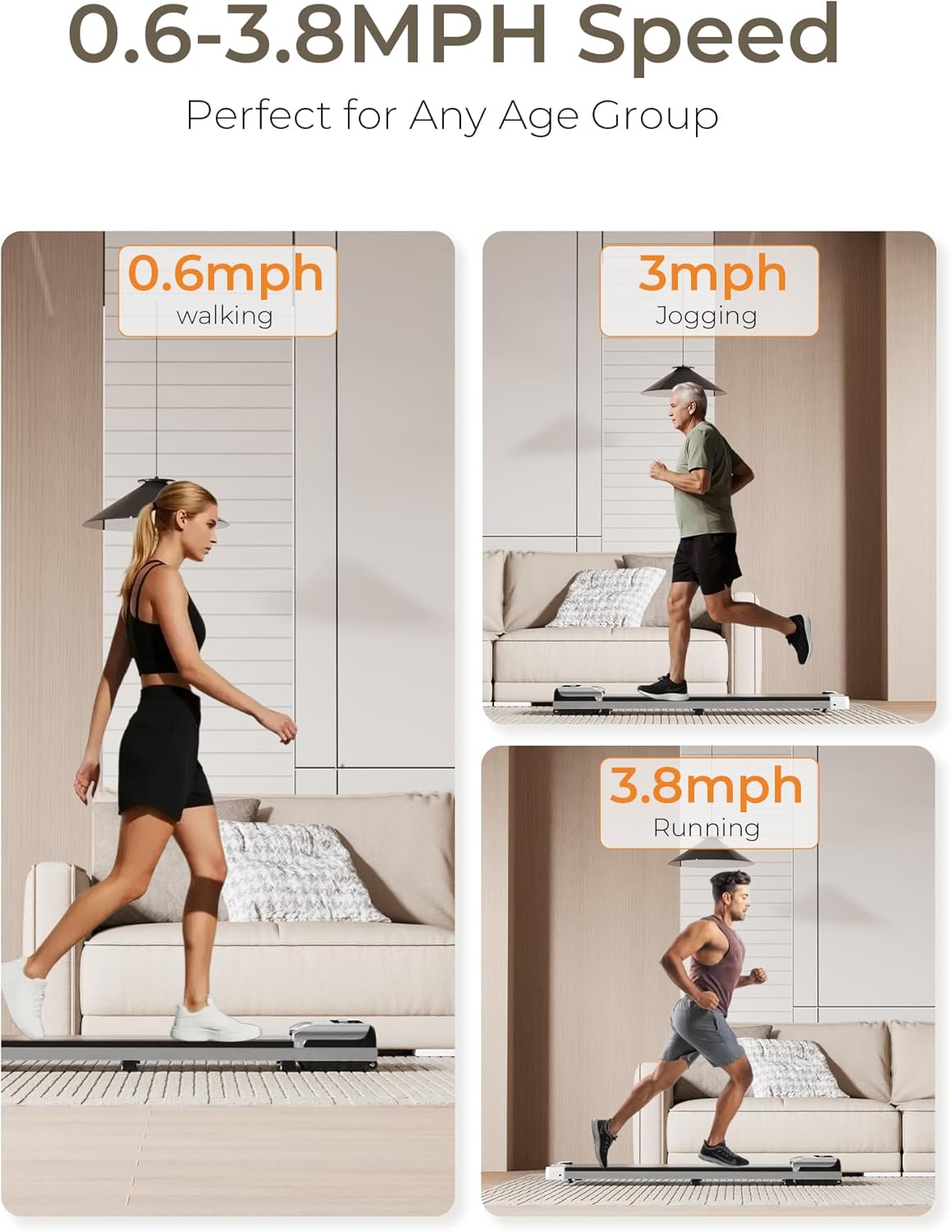 Demonstrates the product's versatile speed range to appeal to users of different fitness levels and age groups. Shows how the product can be used for different types of exercise, from walking to…
