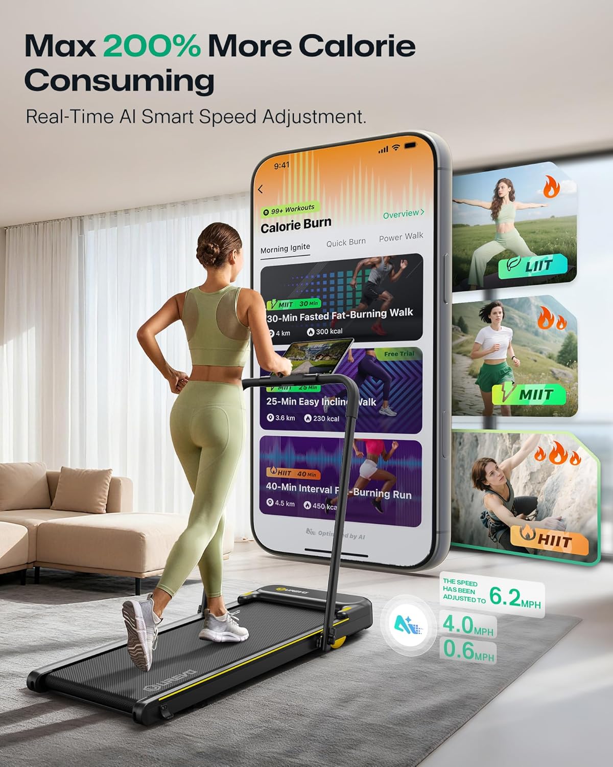 Showcases the treadmill's ability to maximize calorie burn through AI-powered speed adjustments and diverse workout options, appealing to users seeking efficient, customized fitness routines.