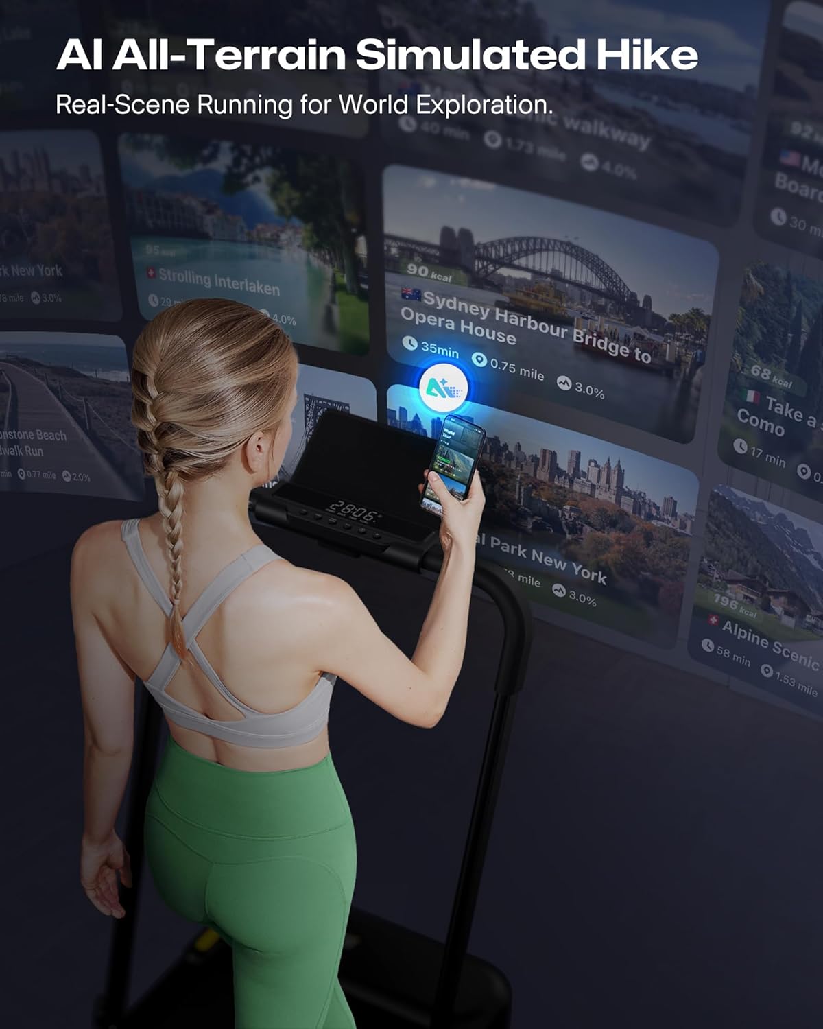 Showcases how the product can be used for virtual exploration of global destinations while exercising. Highlights multiple features of the product including AI technology, realistic simulations, and…