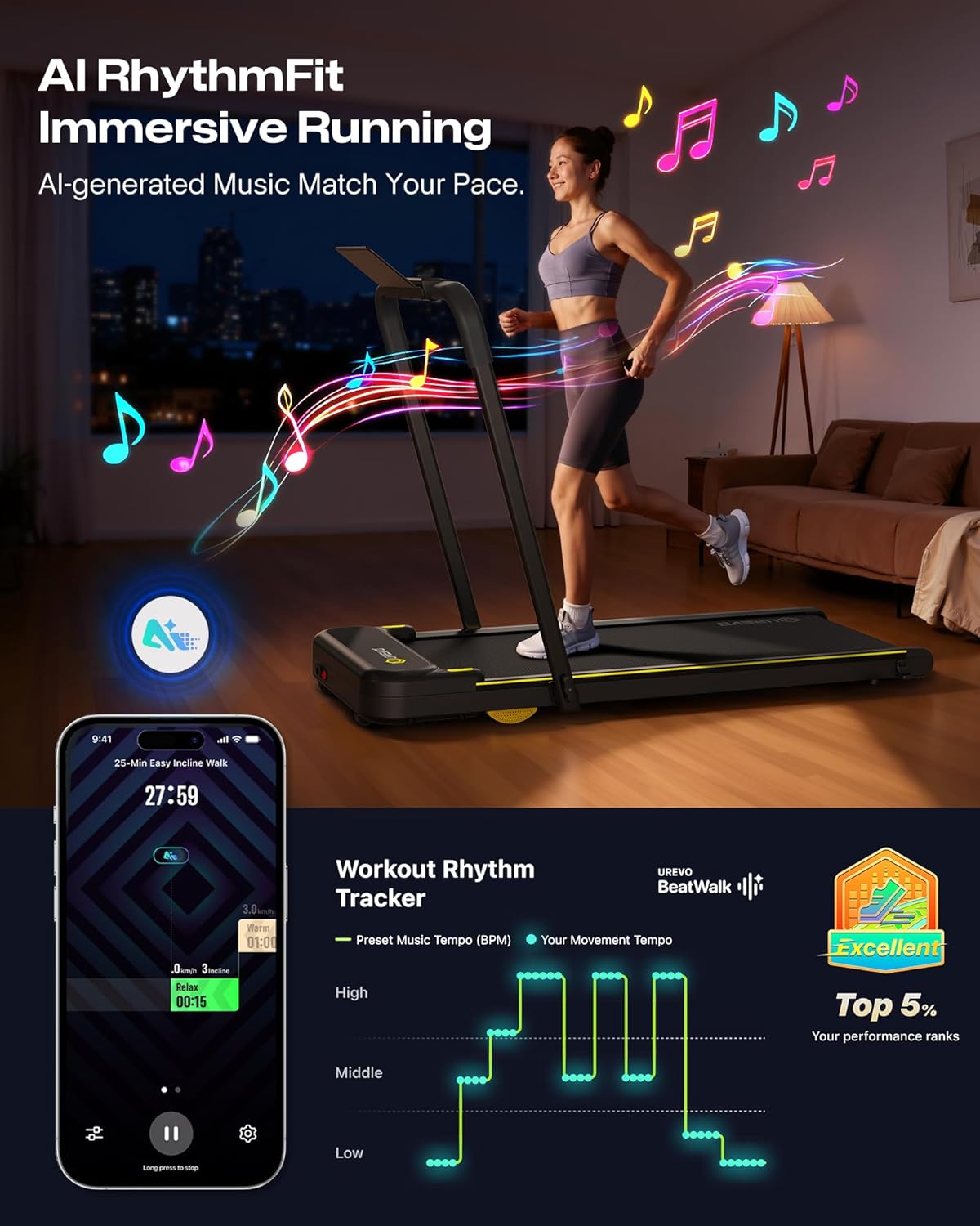 Showcases multiple features of the treadmill, including AI-generated music that matches running pace and a workout rhythm tracker, to demonstrate its advanced technology and immersive running…