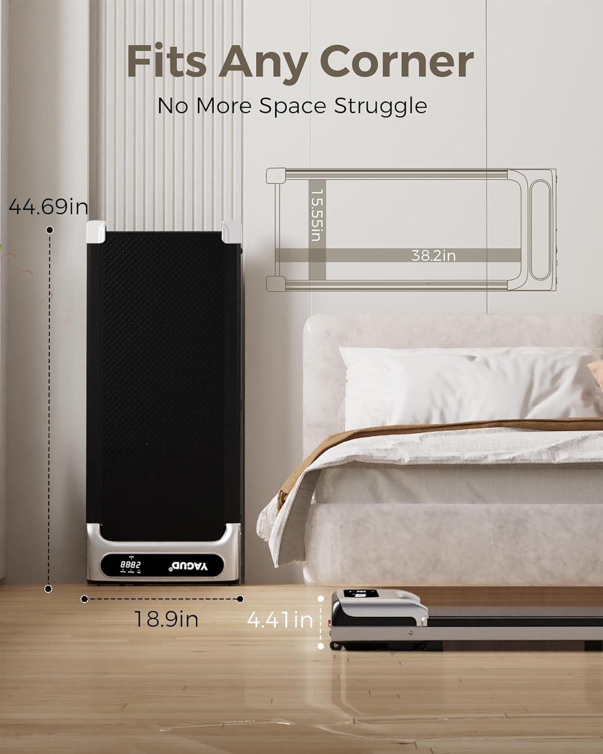 Demonstrates the product's compact dimensions to show how it can fit easily in any corner, addressing space concerns. Highlights the product's ability to fit in any corner, emphasizing its…