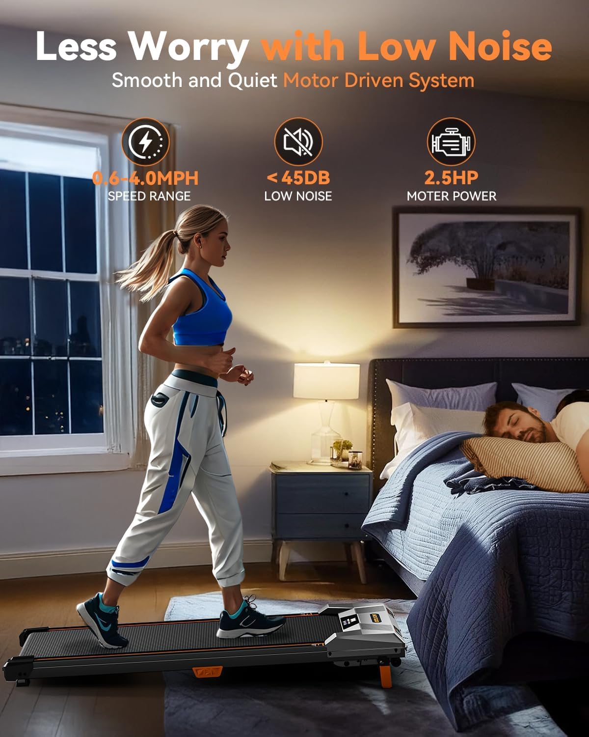 Highlights multiple features of the treadmill to show its quiet operation and performance capabilities, reassuring potential buyers about its suitability for home use.