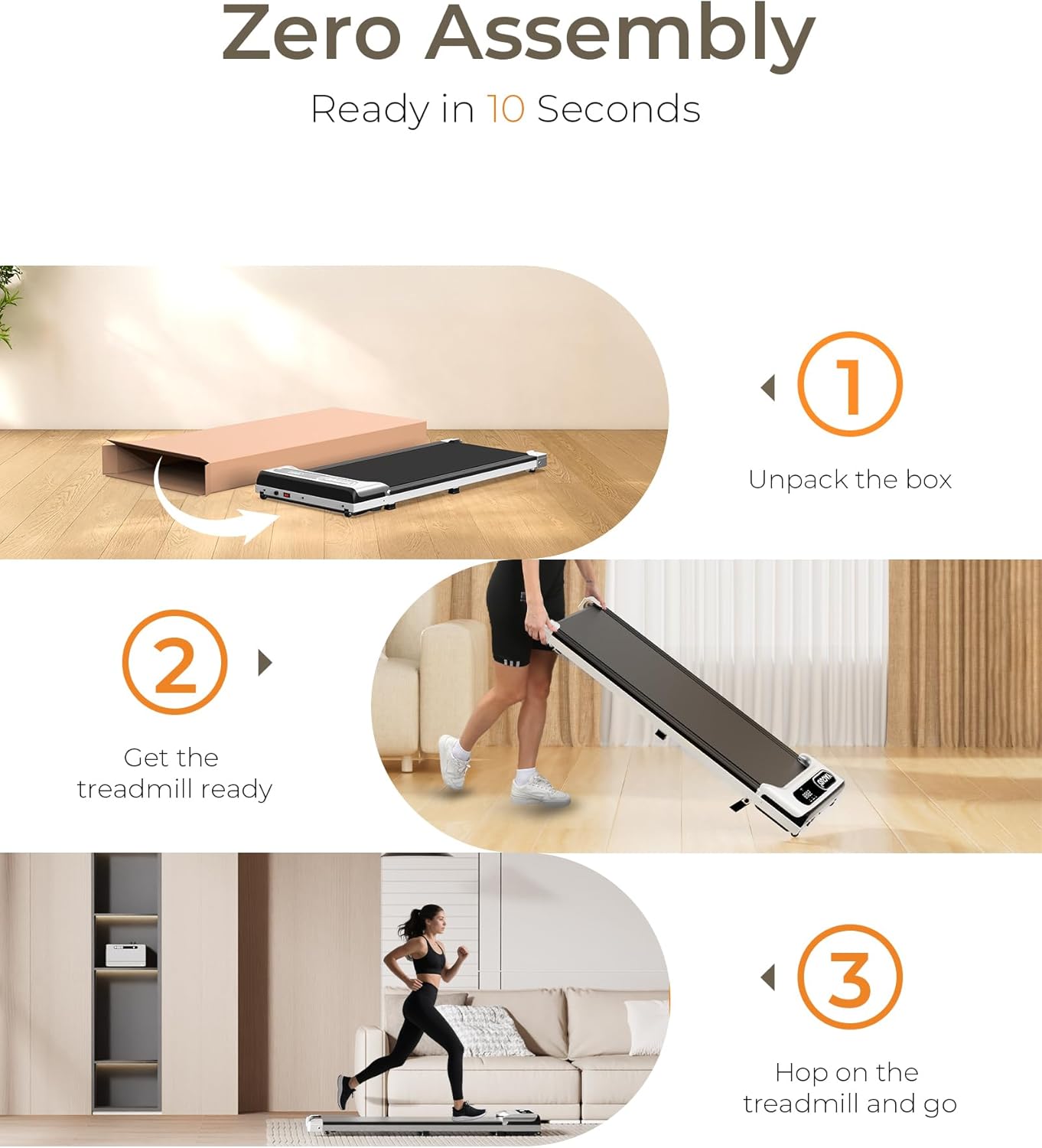 Demonstrates the quick and simple setup process for the treadmill, emphasizing its 'zero assembly' feature. Highlights the product's key benefit of being ready to use in just 10 seconds, appealing…