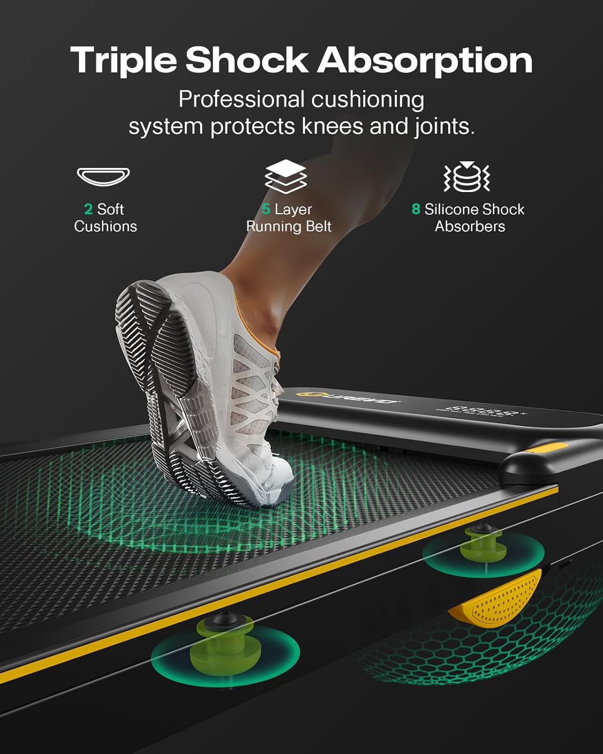 Highlights the product's advanced shock absorption system to protect knees and joints during exercise, emphasizing comfort and injury prevention.