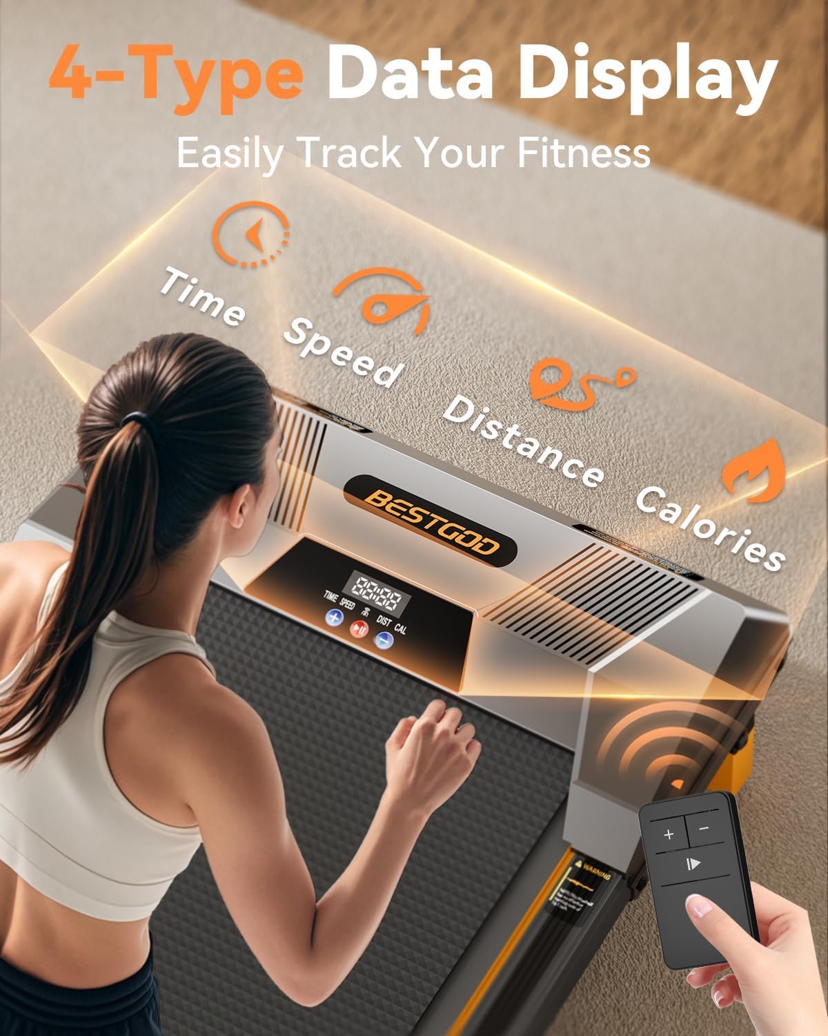 Showcases the treadmill's ability to track multiple fitness metrics, emphasizing ease of use for monitoring workout progress.