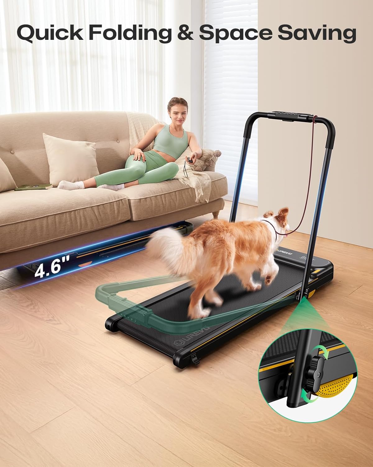 Highlights the product's folding capability and space-saving design, emphasizing its convenience for small living spaces.