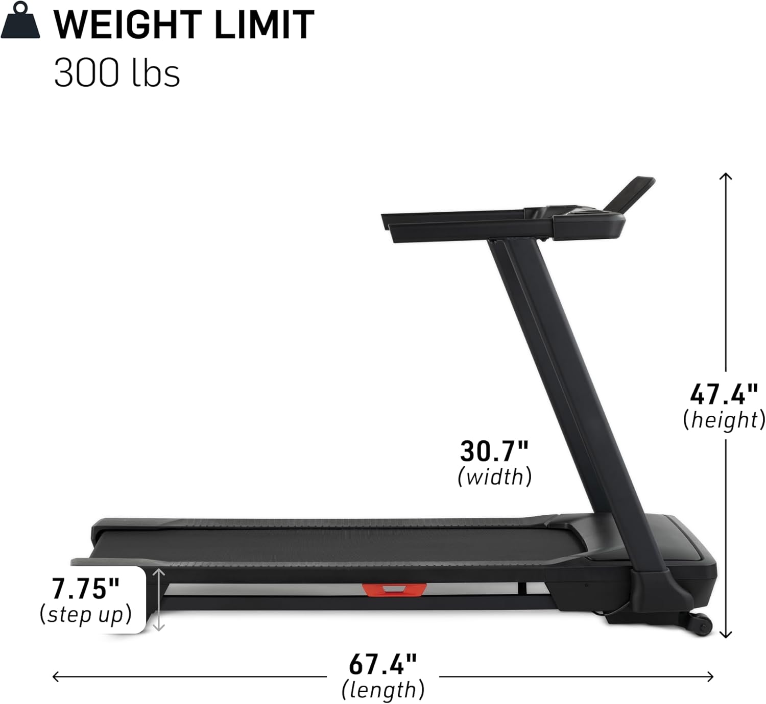 Provides exact measurements and weight capacity of the treadmill to help shoppers understand its size and suitability for their space and needs.