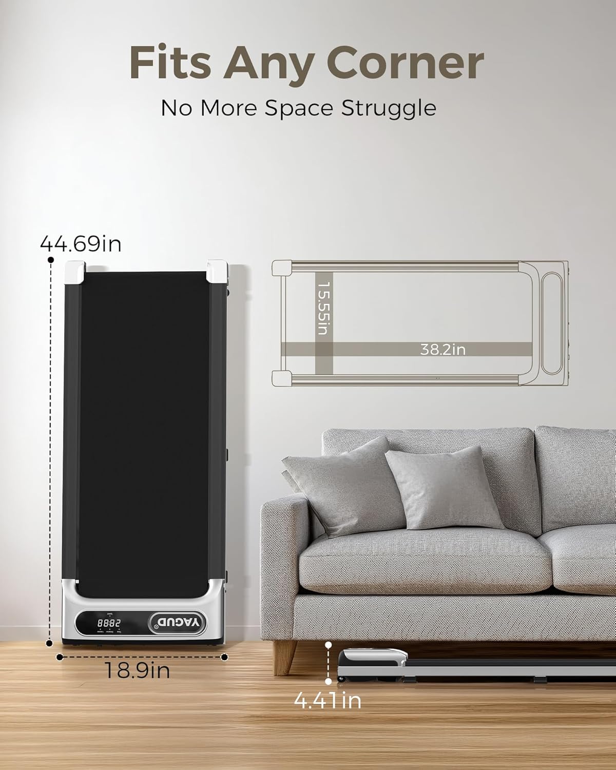 Demonstrates the product's compact size and ability to fit in any corner, addressing space concerns for potential buyers. Highlights the product's key benefit of fitting into any corner, solving…