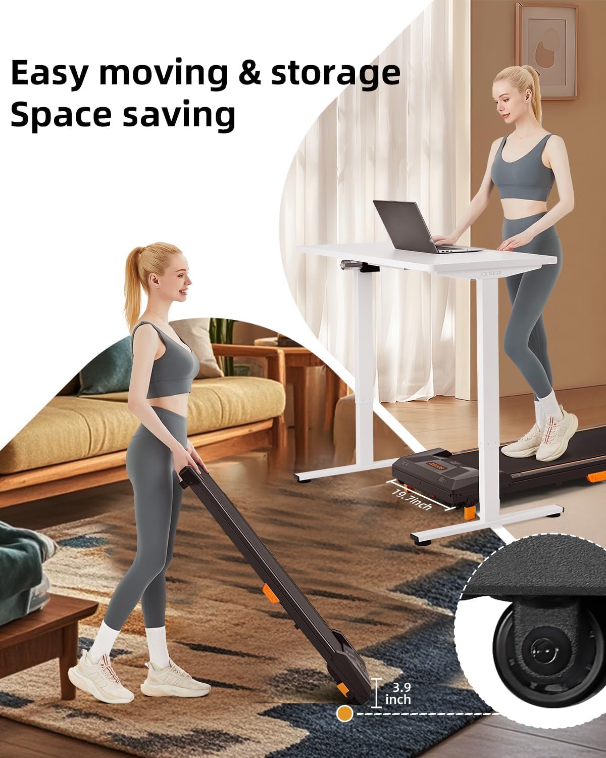 Demonstrates how the product can be easily moved and stored, saving space in different home environments. Highlights multiple benefits of the product: easy to move, compact for storage, and…