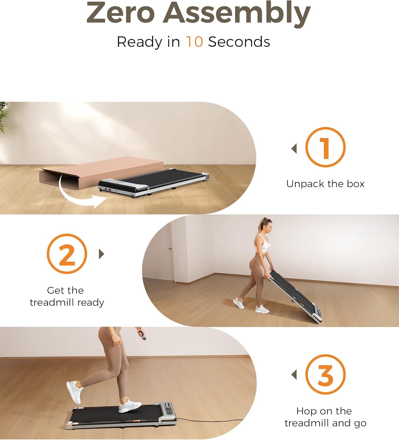 Demonstrates the quick and simple setup process for the treadmill, emphasizing its user-friendly design. Highlights the product's key feature of requiring no assembly, appealing to customers who…