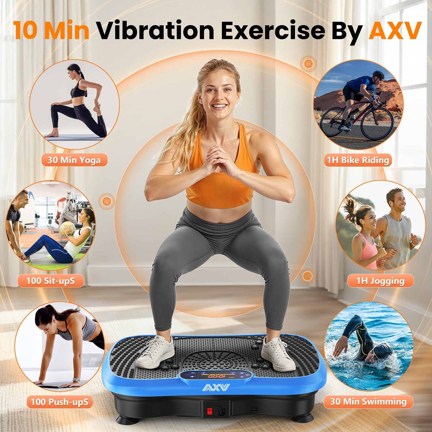 Demonstrates how 10 minutes of vibration exercise can provide equivalent benefits to various longer traditional workouts, highlighting the product's efficiency and versatility.
