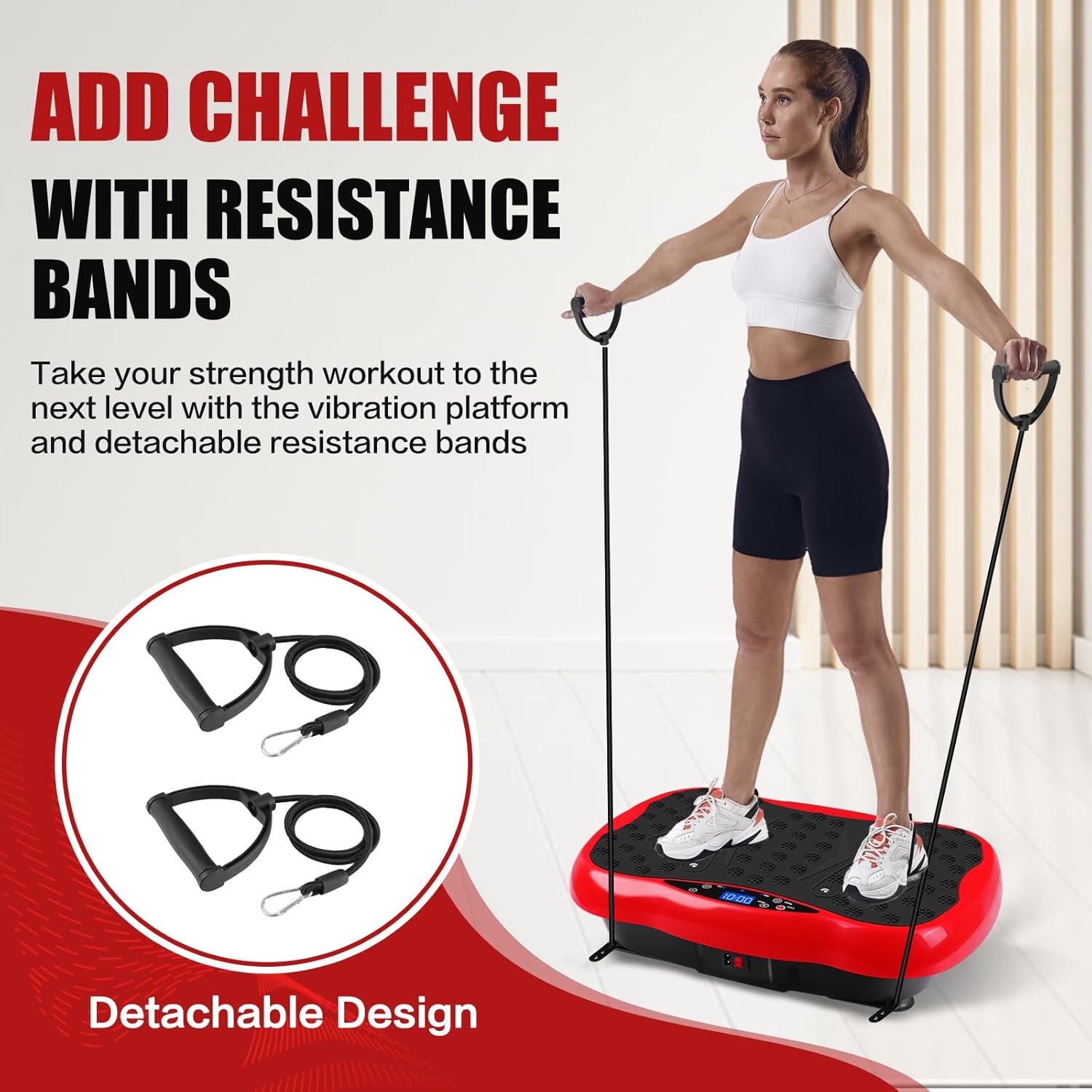Highlights the product's dual functionality of resistance bands and vibration platform to enhance strength workouts. Demonstrates how to use the product with a model showing correct form and…