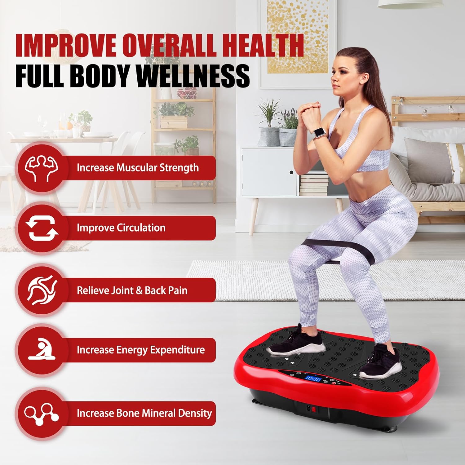 Highlights multiple health benefits of using the vibration platform, emphasizing overall wellness and specific improvements to various aspects of physical health.