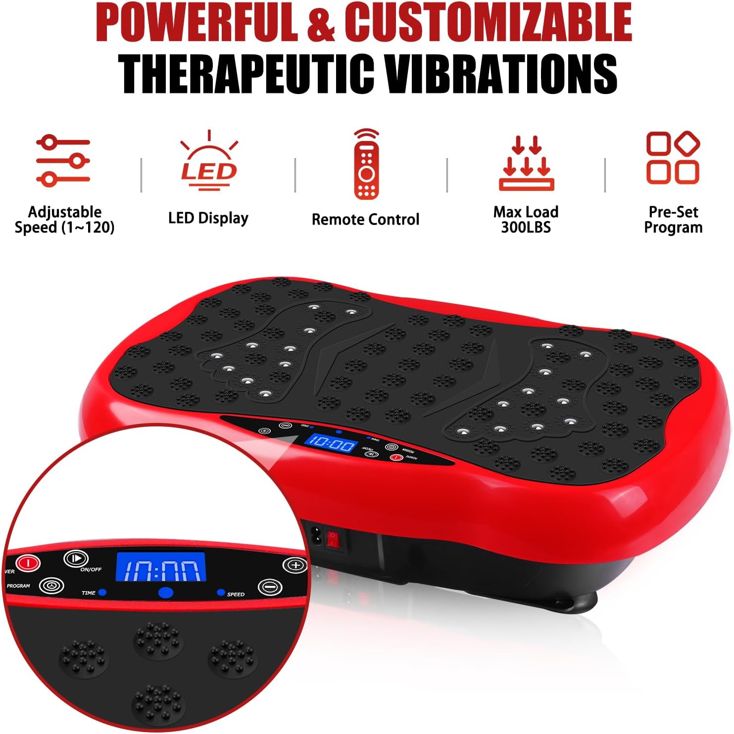 Highlights multiple customizable features of the vibration therapy device to show its versatility and ease of use.