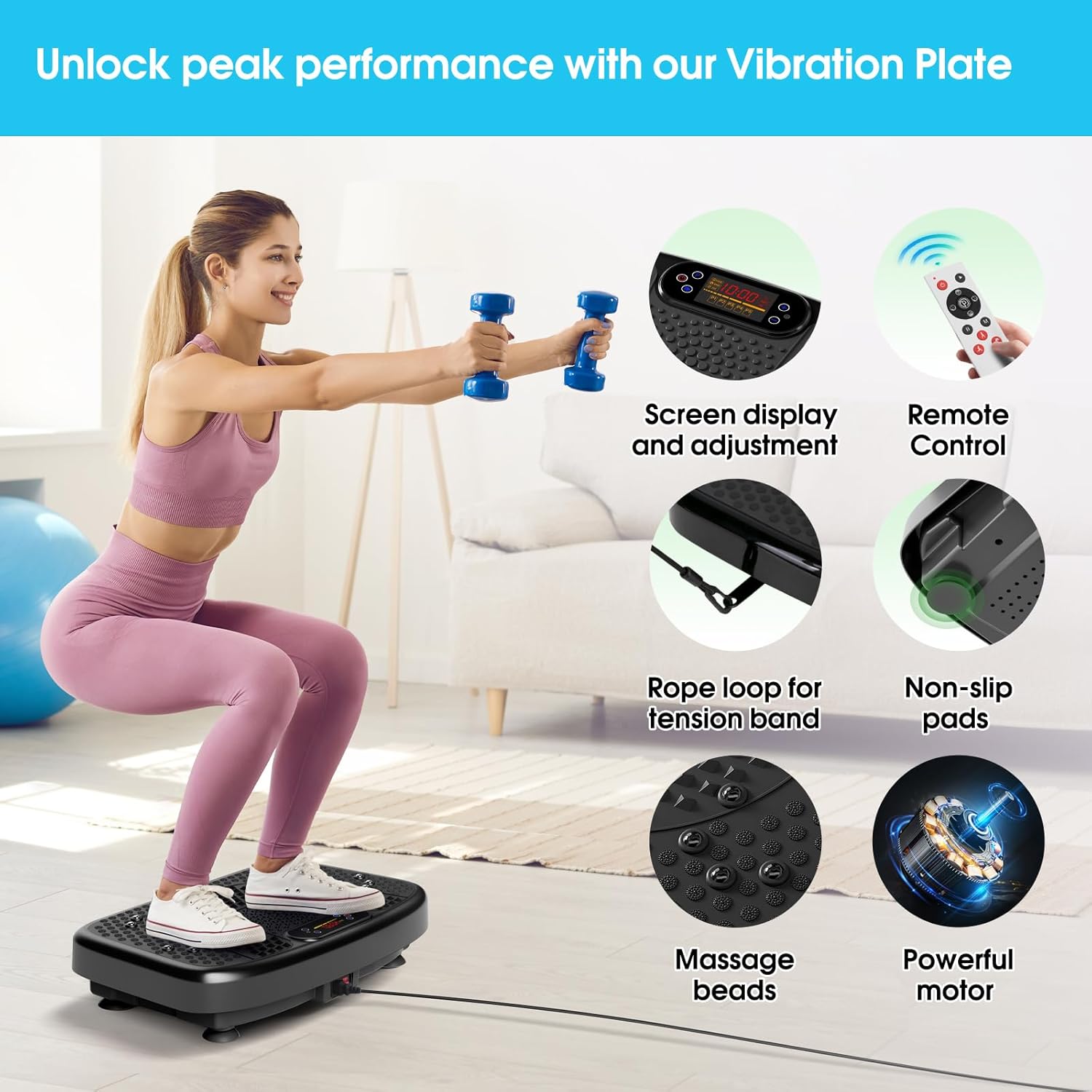 Highlights multiple features of the vibration plate to demonstrate its versatility and ease of use for fitness enthusiasts.