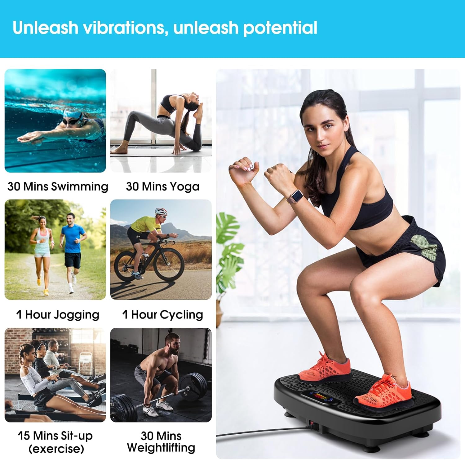 Showcases the various fitness activities that can be enhanced or tracked using the product, demonstrating its versatility for different workout types.