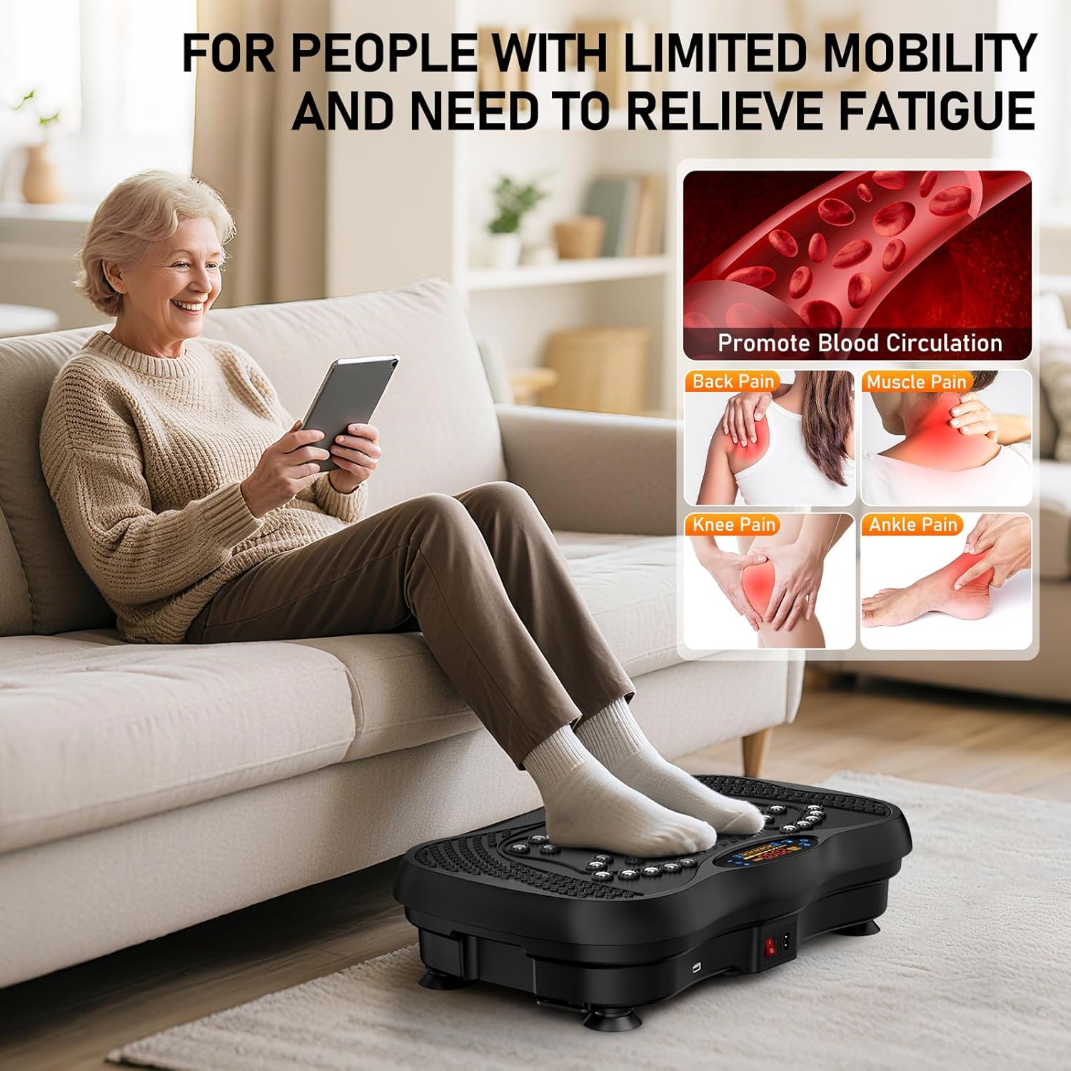Demonstrates how the product can help people with limited mobility relieve pain and fatigue in multiple areas of the body. Highlights multiple benefits of the product including pain relief for…