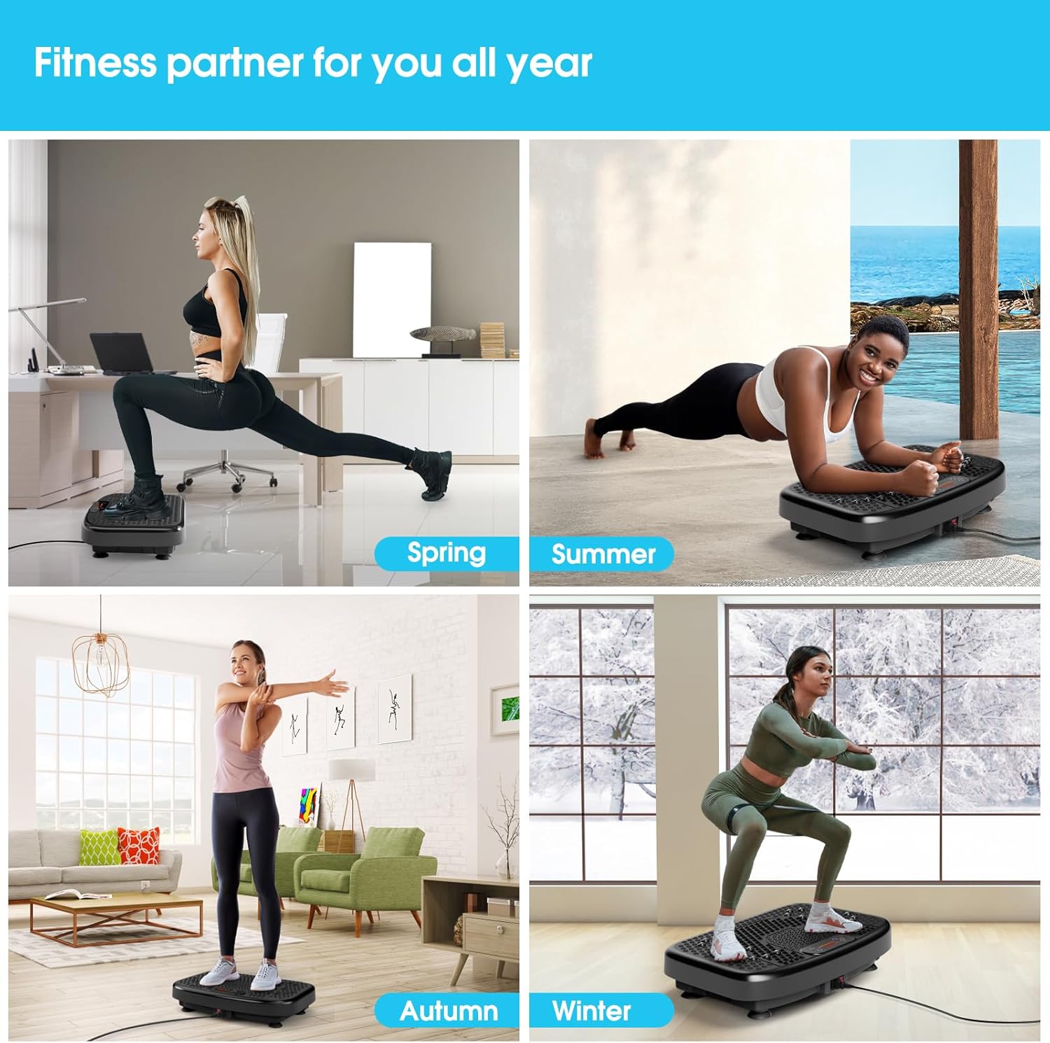 Demonstrates the versatility of the fitness product for use in different seasons and environments throughout the year.