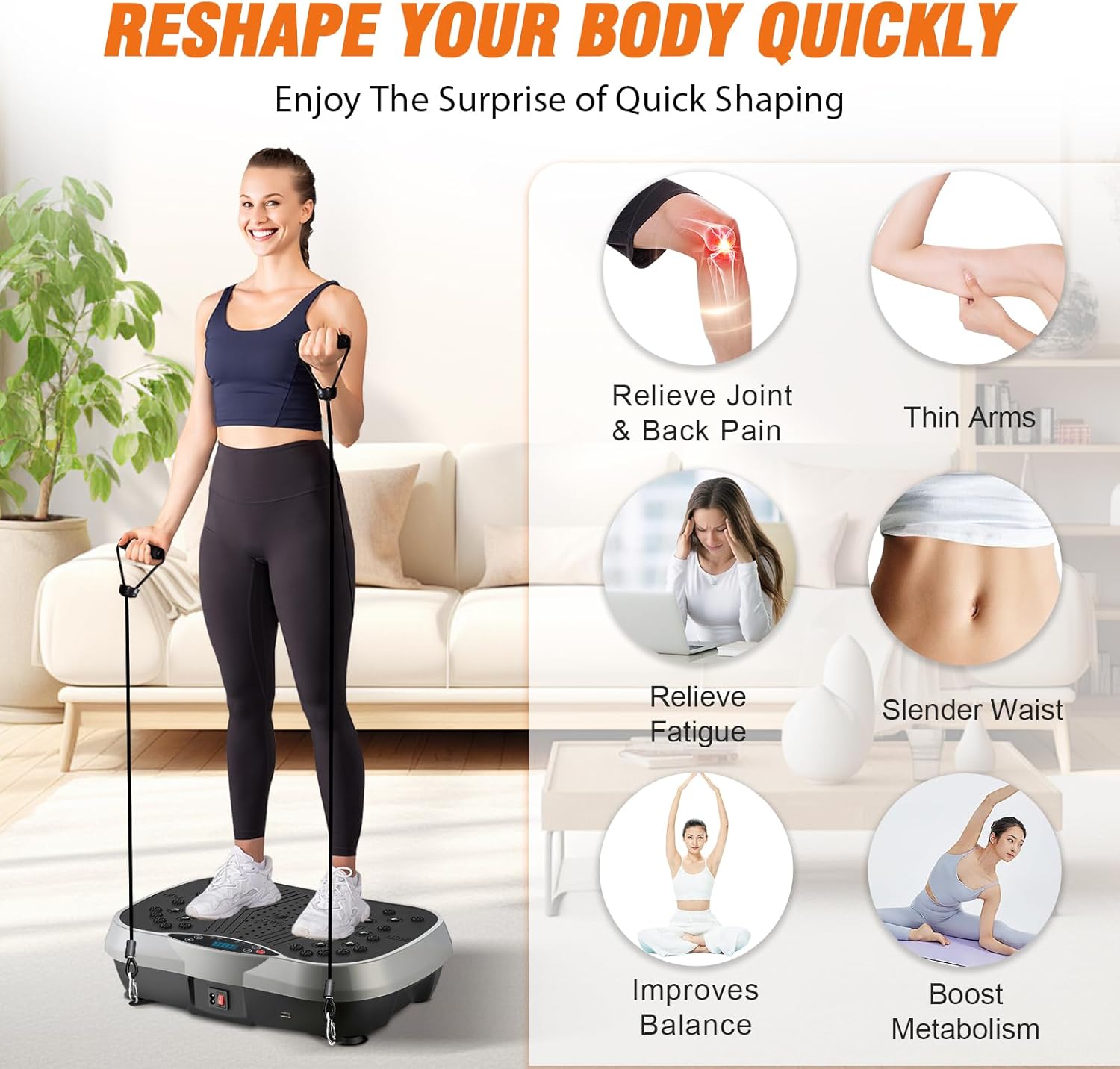 Showcases multiple benefits of the vibration platform, including body reshaping, pain relief, and overall fitness improvement to appeal to various customer needs.
