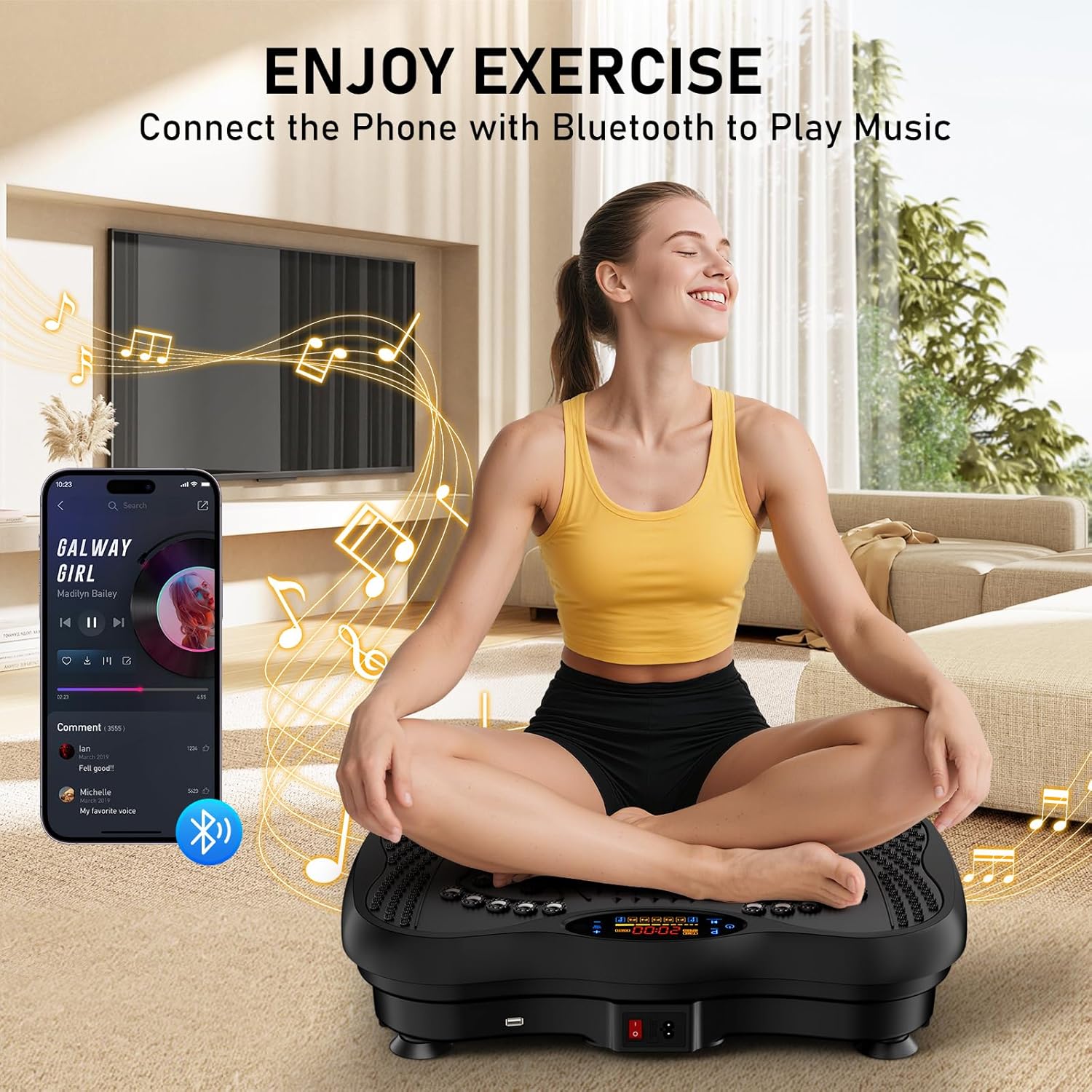 Highlights the product's Bluetooth connectivity for playing music during exercise, emphasizing how it enhances the workout experience. Demonstrates how the product can be used for exercise and…