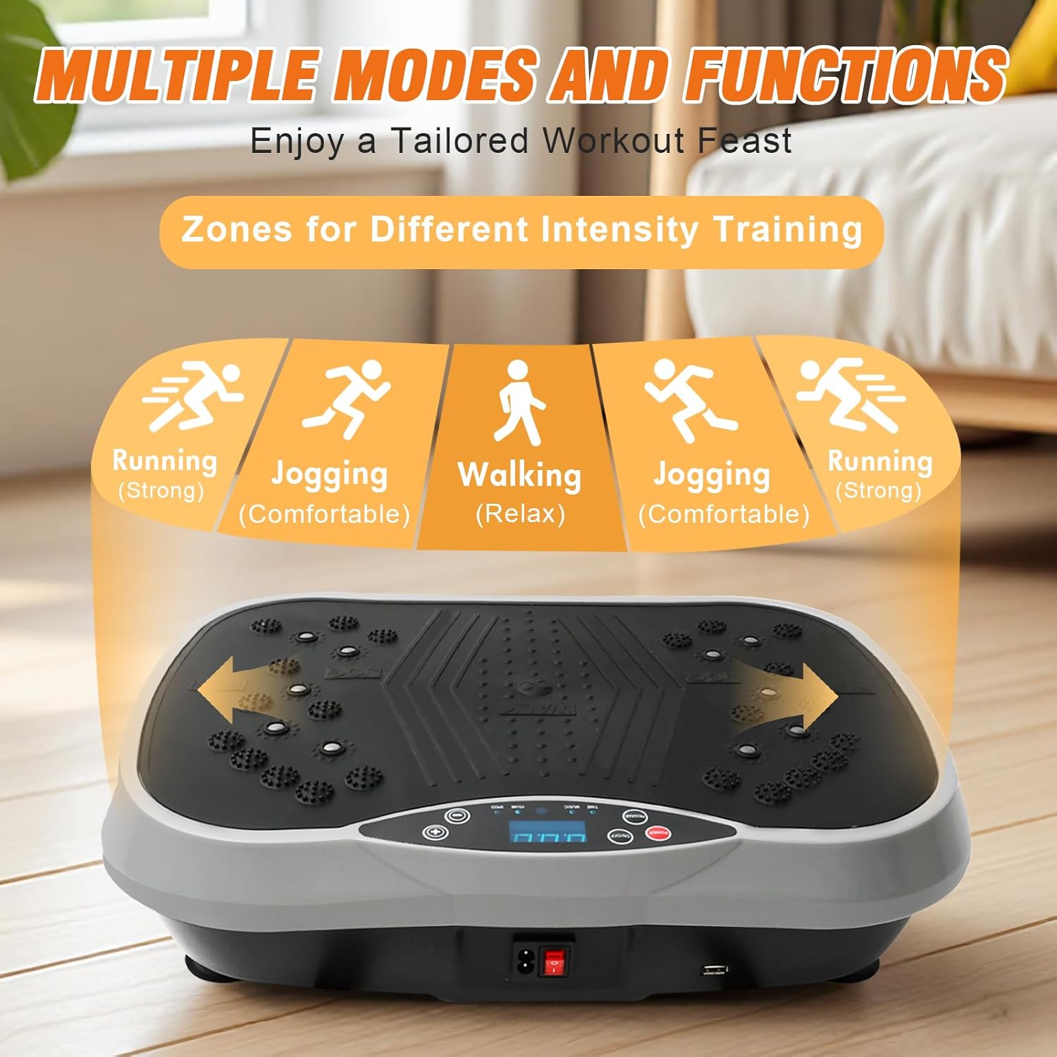Showcases the product's versatility by highlighting different workout modes and intensity levels, appealing to users with varied fitness goals.