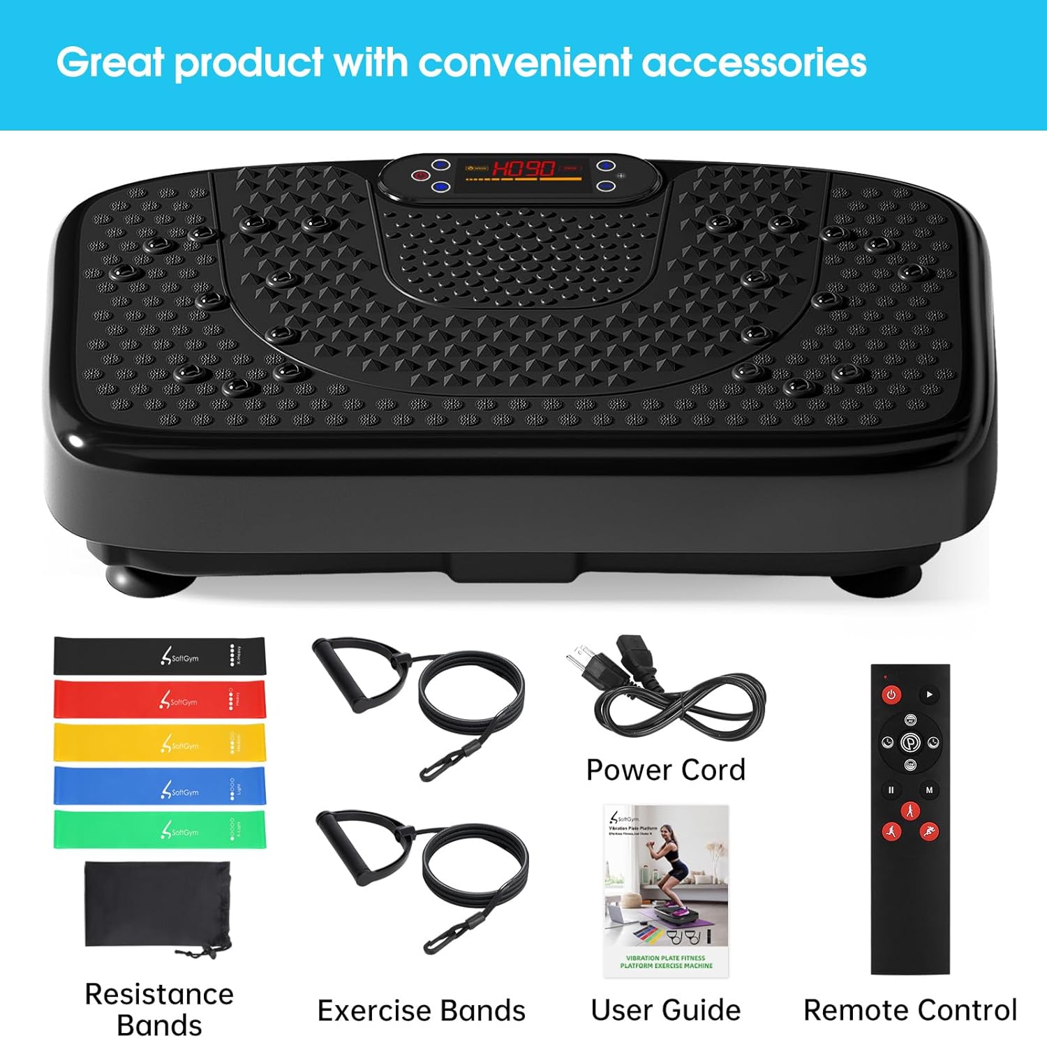 Shows all the items included with the vibration platform, highlighting the additional accessories to demonstrate value and completeness of the package.