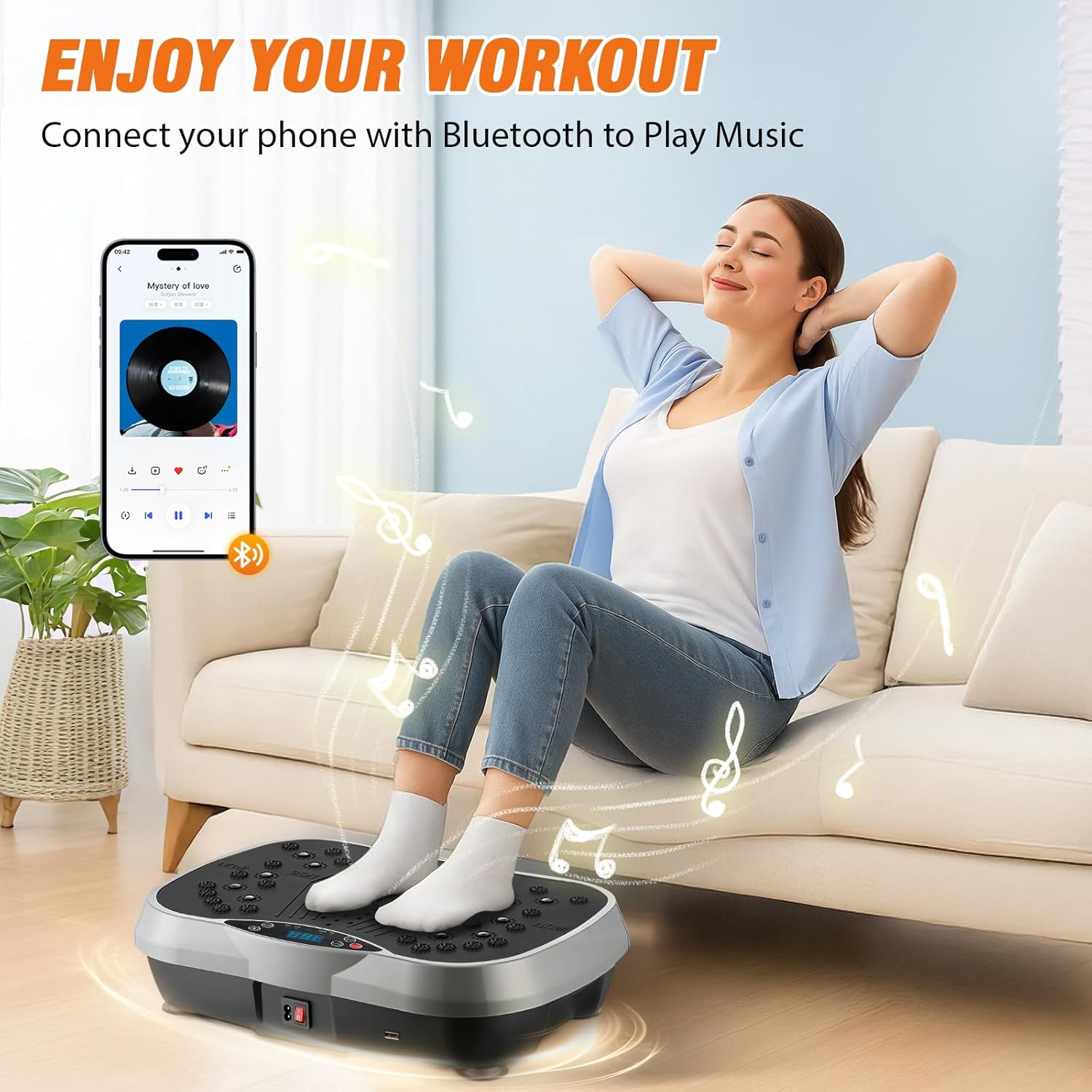 Highlights the product's Bluetooth connectivity for playing music and emphasizes how it enhances workout enjoyment. Demonstrates how to connect a phone via Bluetooth to play music during workouts,…