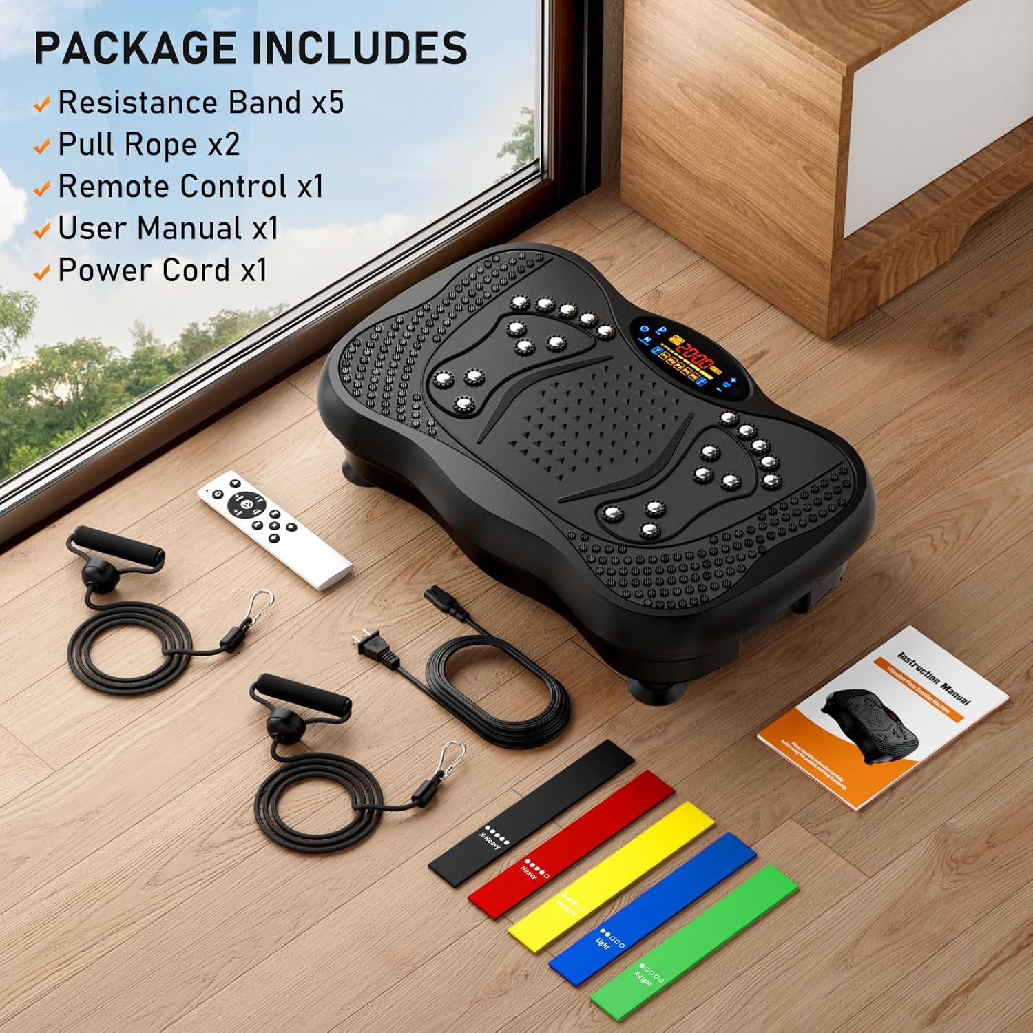 Shows all items included with the vibration platform purchase, reassuring customers of the complete set they'll receive.