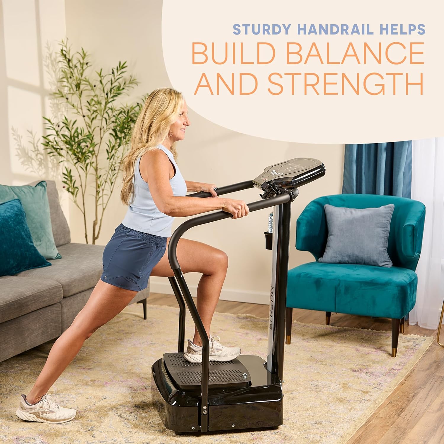 Highlights the sturdy handrail feature of the exercise equipment to emphasize safety and stability for users building balance and strength.