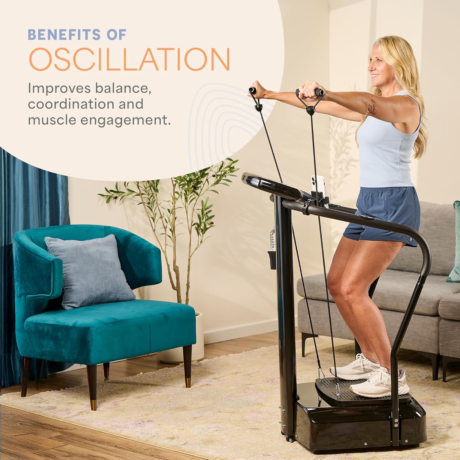 Highlights the specific benefit of oscillation in improving balance, coordination, and muscle engagement for users of the exercise machine.