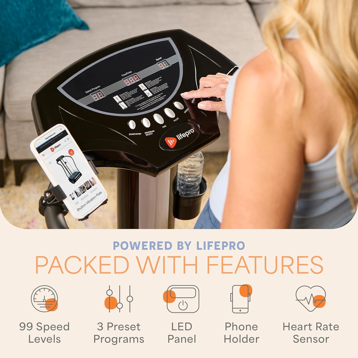 Showcases multiple features of the LifePro fitness machine to demonstrate its advanced capabilities and user-friendly design.