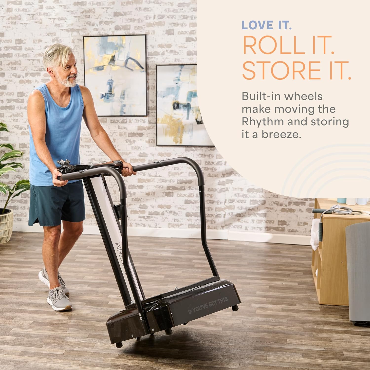 Highlights the product's built-in wheels to emphasize how easy it is to move and store the exercise equipment.