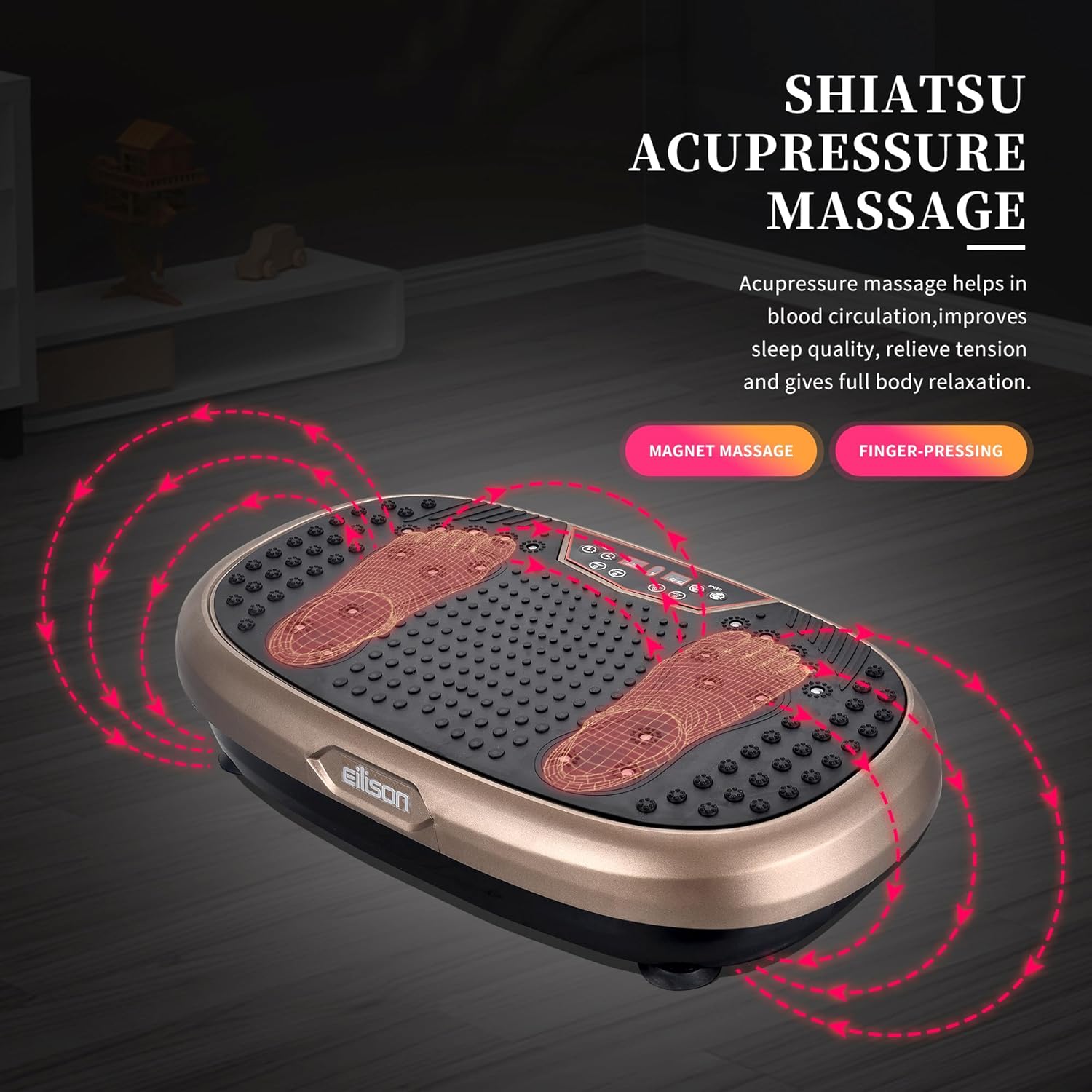 Highlights multiple massage features and benefits of the product, emphasizing its ability to improve blood circulation, sleep quality, relieve tension, and provide full body relaxation.