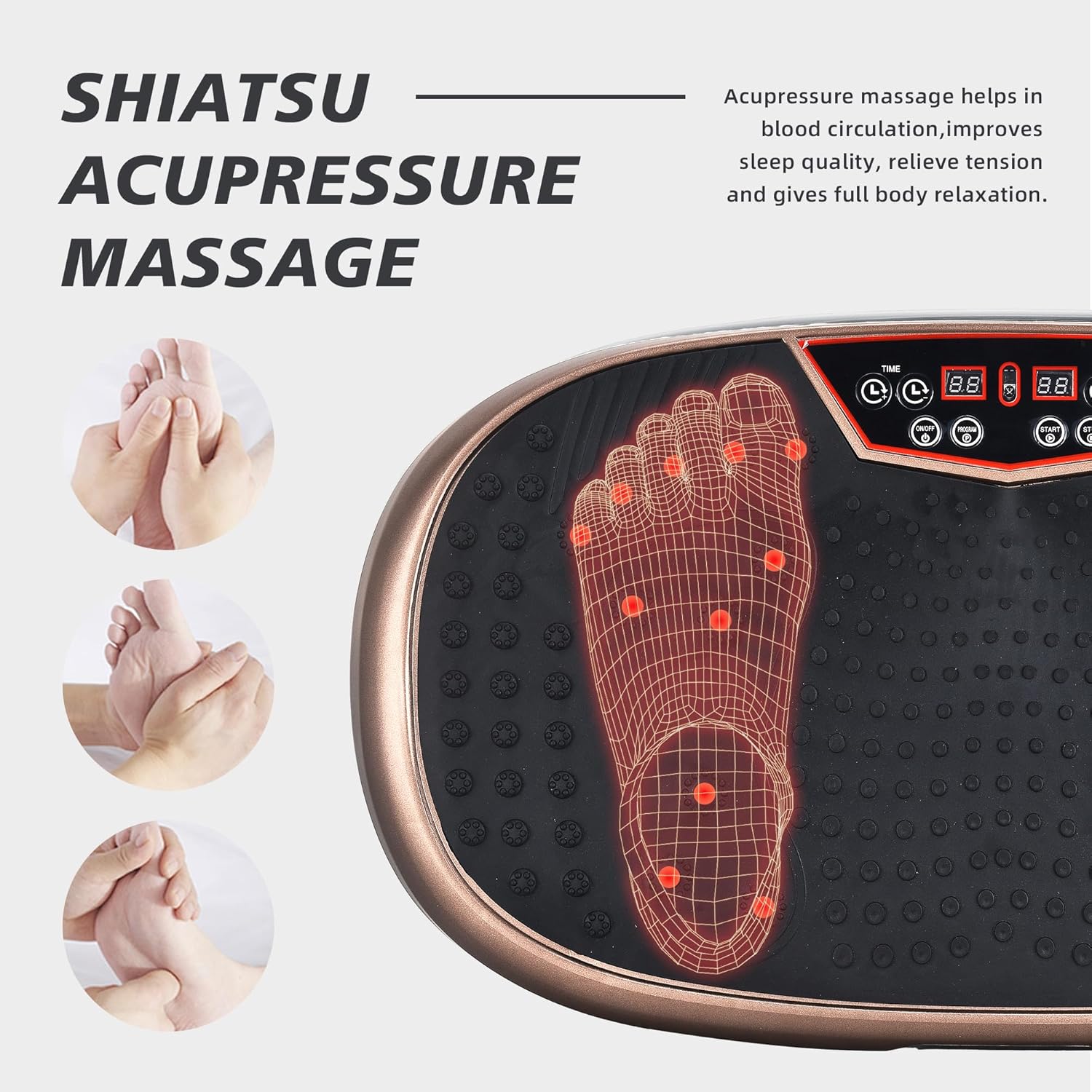 Highlights multiple benefits of the acupressure massage device, including improved blood circulation, better sleep, tension relief, and full body relaxation. Demonstrates different foot massage…