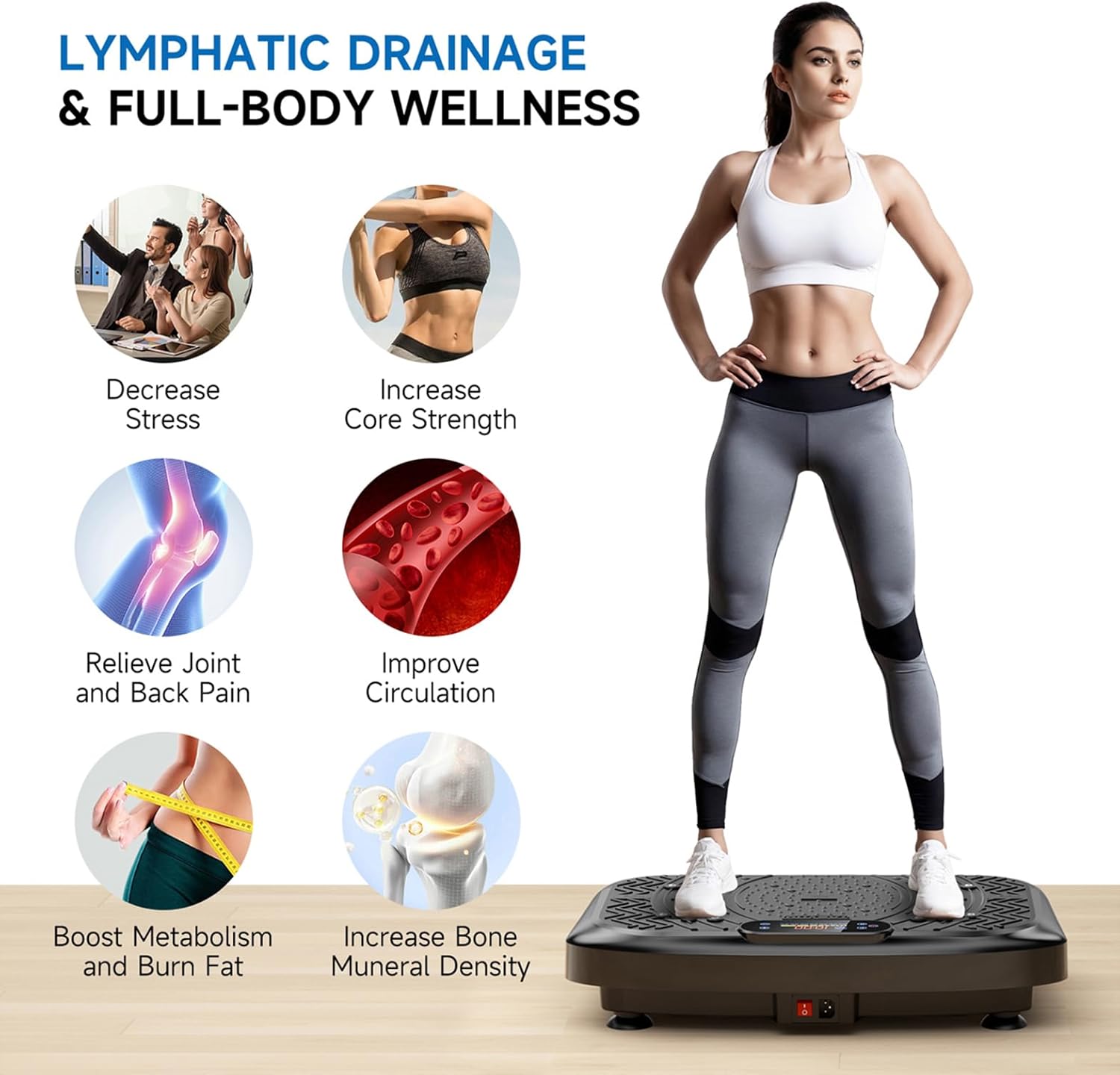 Showcases multiple health benefits of using the product, including stress reduction, improved strength, pain relief, and overall wellness improvements.
