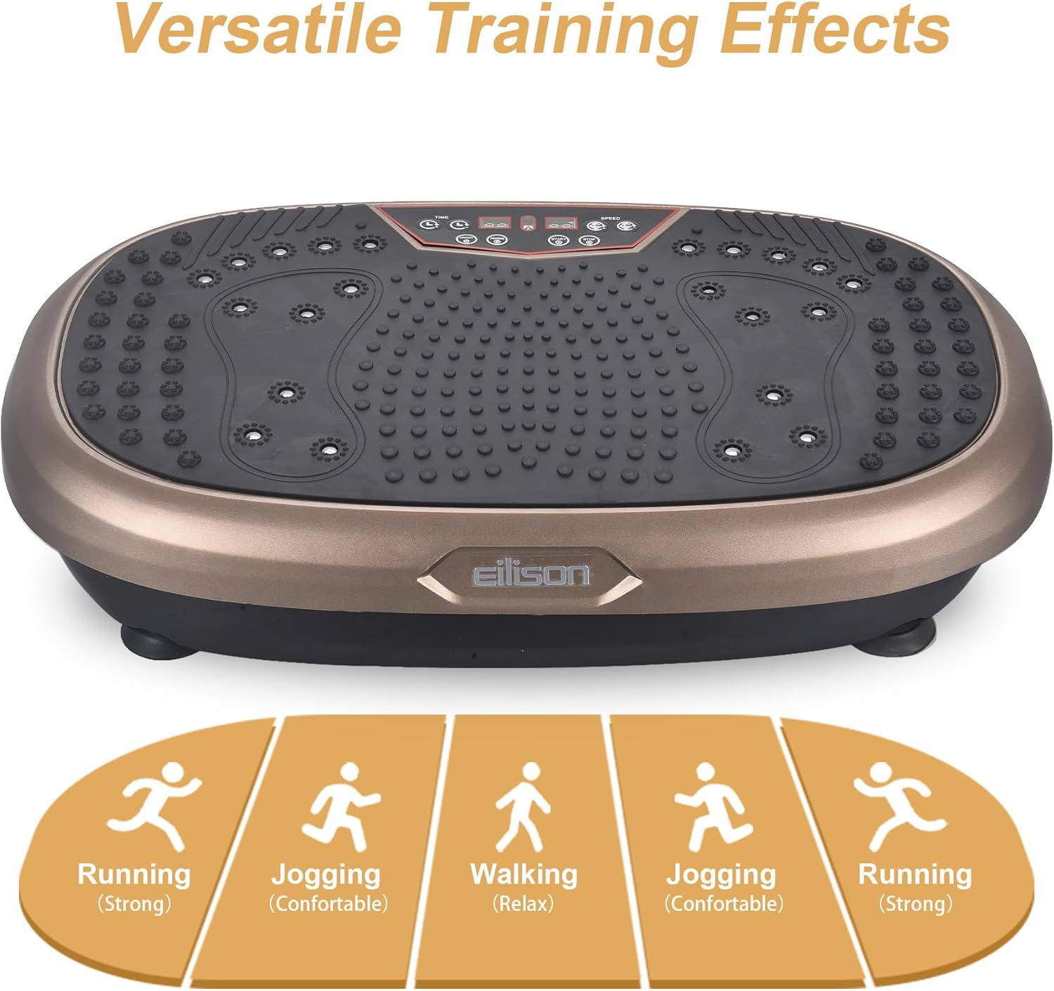 Demonstrates the different intensity levels and exercises possible with the vibration platform, from relaxed walking to intense running.