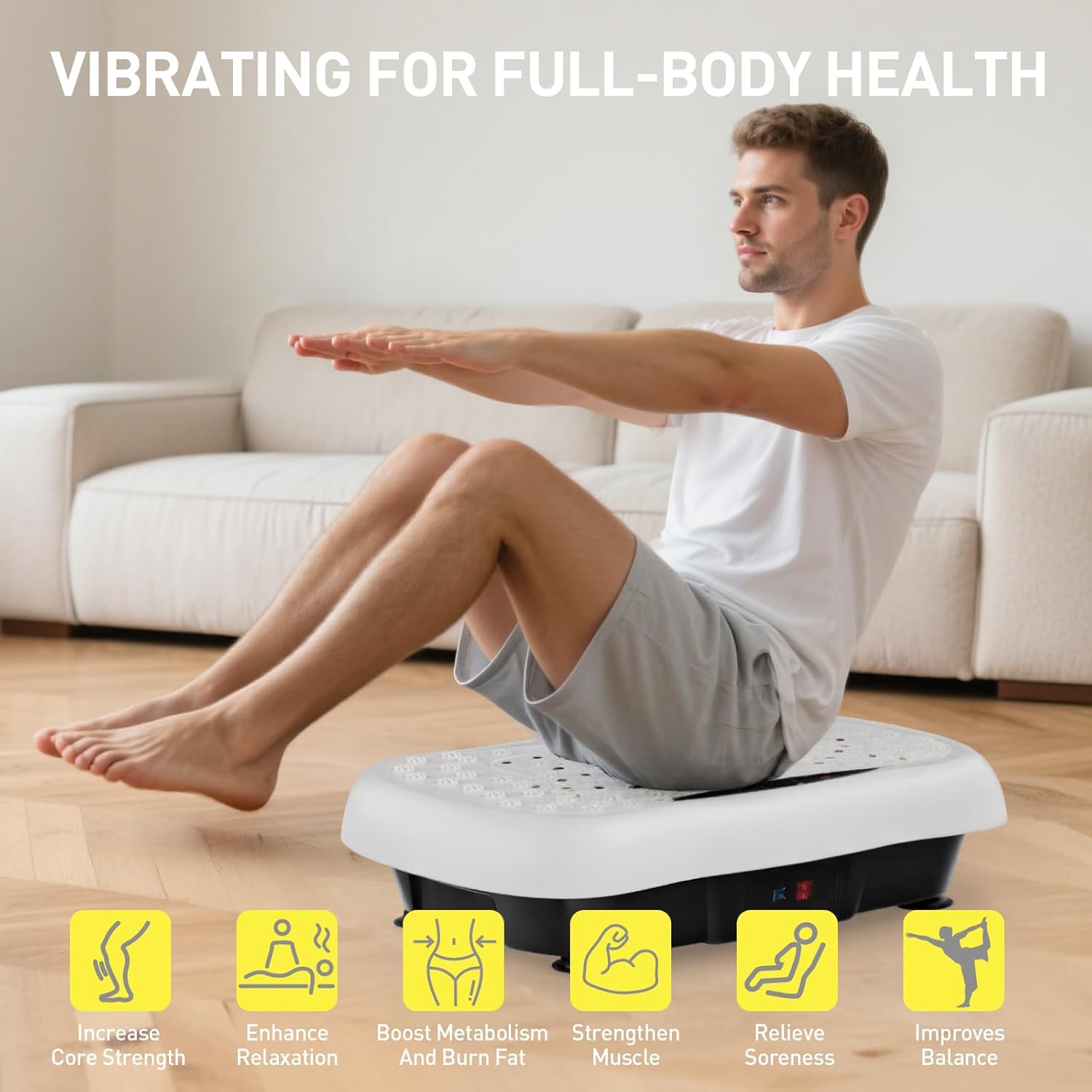 Showcases the various health benefits and exercise applications of the vibration platform, emphasizing its versatility for full-body wellness.