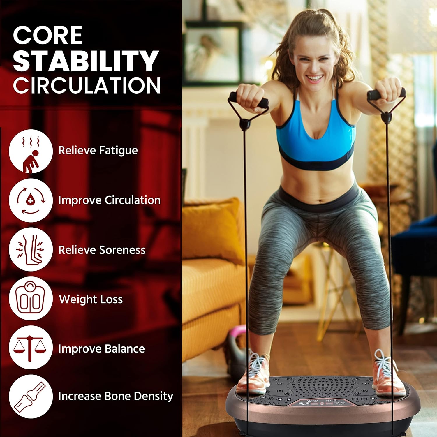 Highlights multiple health benefits of using the vibration platform, including improved circulation, weight loss, and increased bone density.