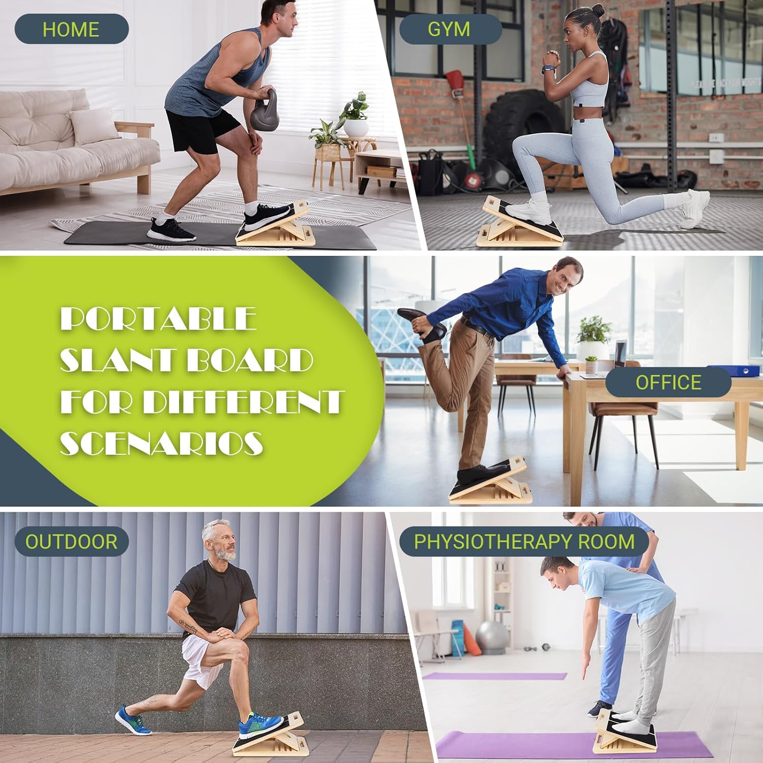 Demonstrates the product's versatility by showing its use in various settings like home, gym, office, outdoors, and physiotherapy rooms.