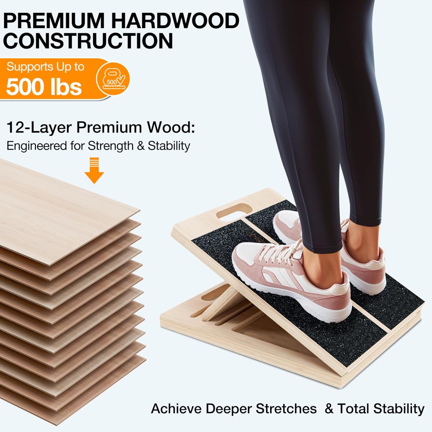 Highlights the product's premium hardwood construction, high weight capacity, and stability to reassure customers of its quality and durability.
