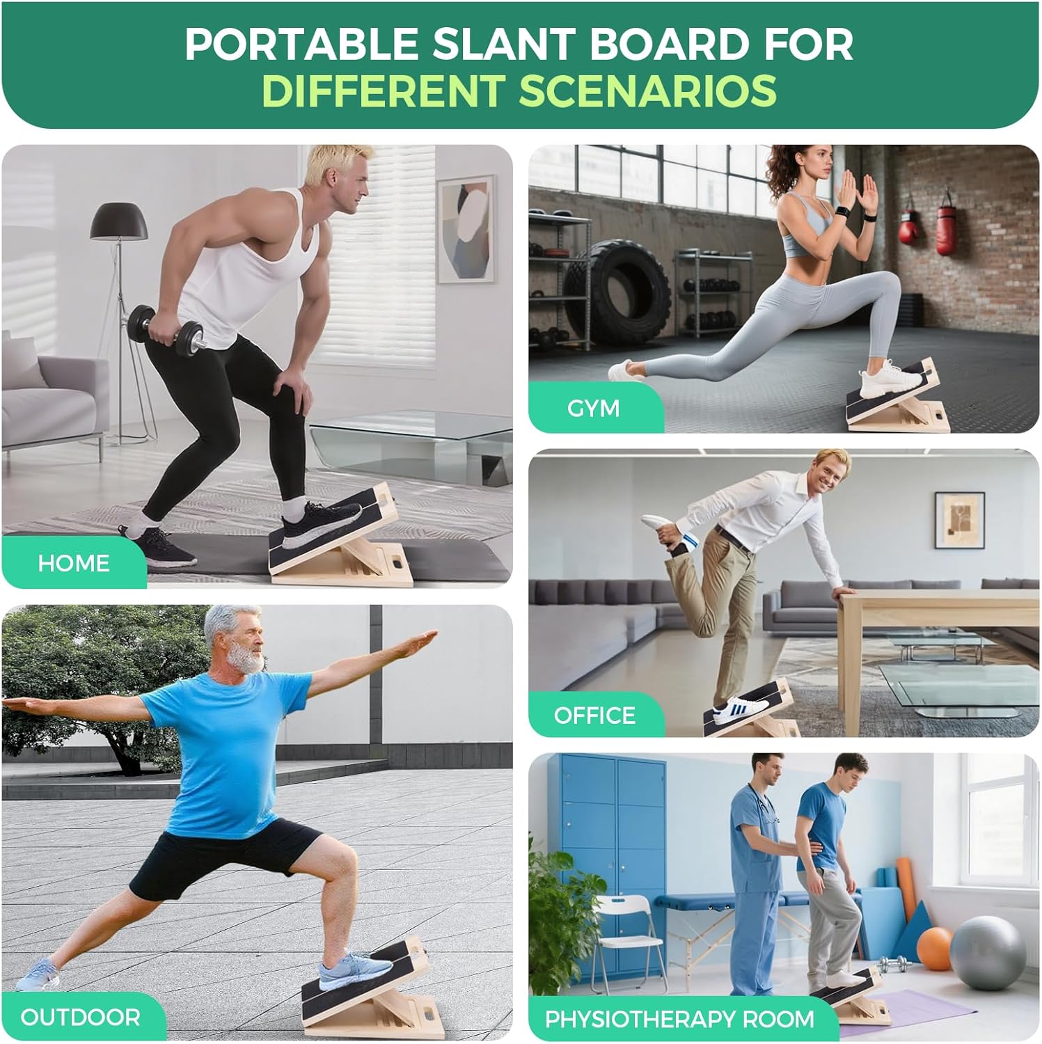 Demonstrates the versatility of the portable slant board by showing its use in various settings like home, gym, office, outdoors, and physiotherapy rooms.