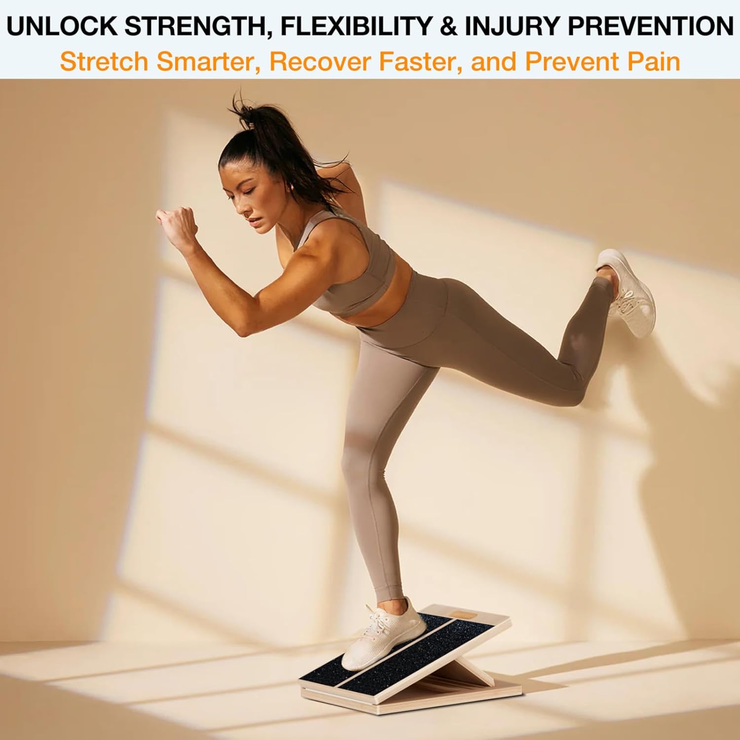 Highlights multiple fitness benefits of the product, emphasizing improved strength, flexibility, and injury prevention to appeal to health-conscious consumers.