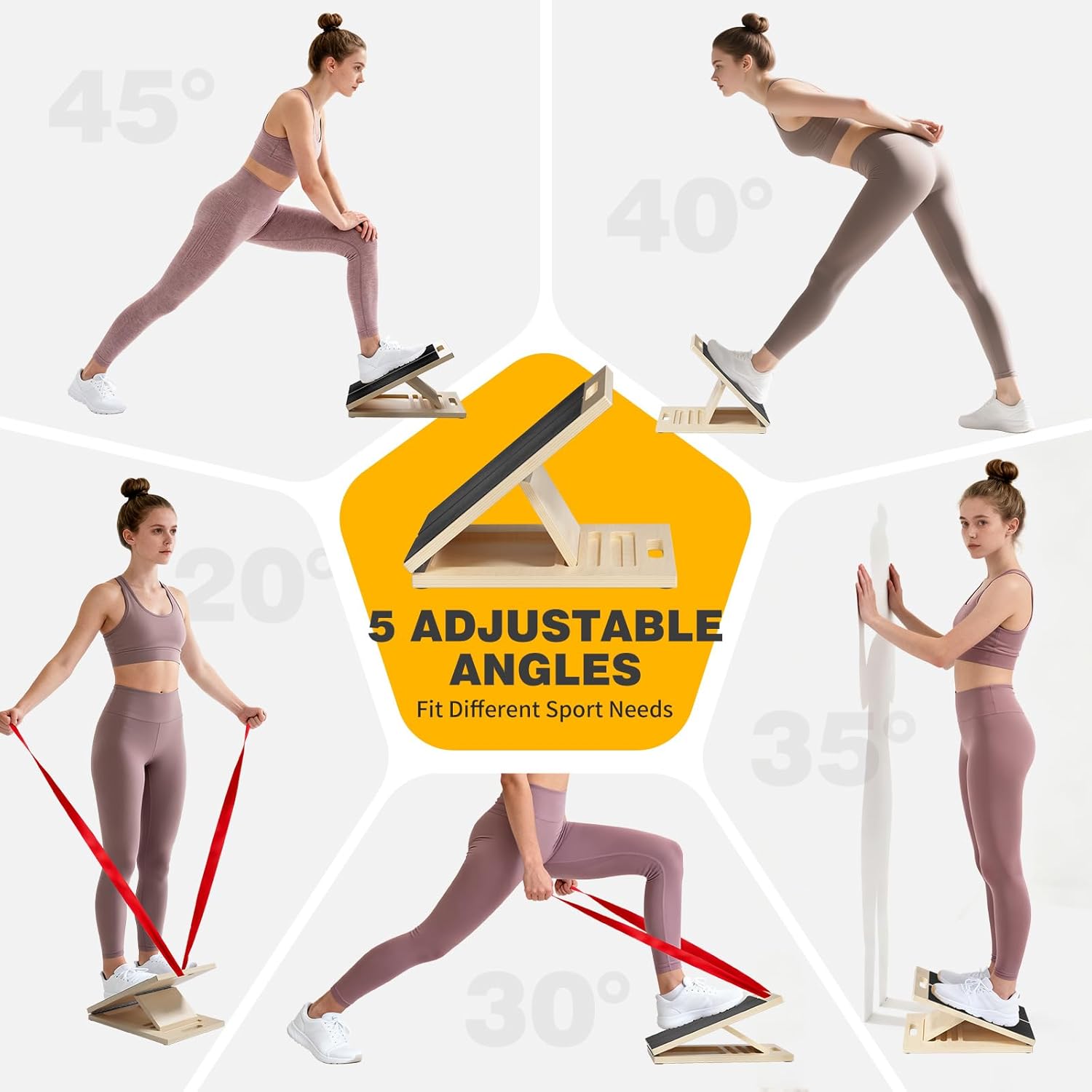 Demonstrates the versatility of the product by showing 5 different angle settings for various exercises and stretches. Showcases the different ways the product can be used for various fitness…