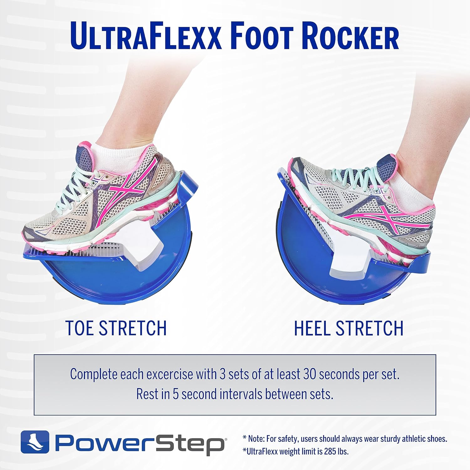 Demonstrates how to use the UltraFlexx Foot Rocker for toe and heel stretches, providing clear instructions for proper usage.